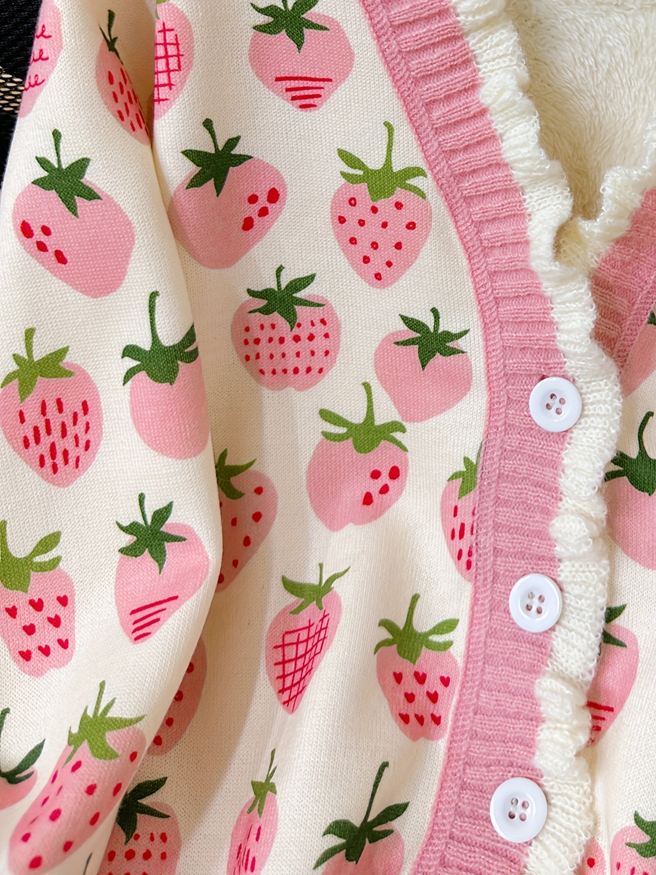 Girls Thermal Comfy Strawberry Print Knit Cardigan - Elegant V-Neck Long Sleeve Button-Down Sweater For Autumn/Winter