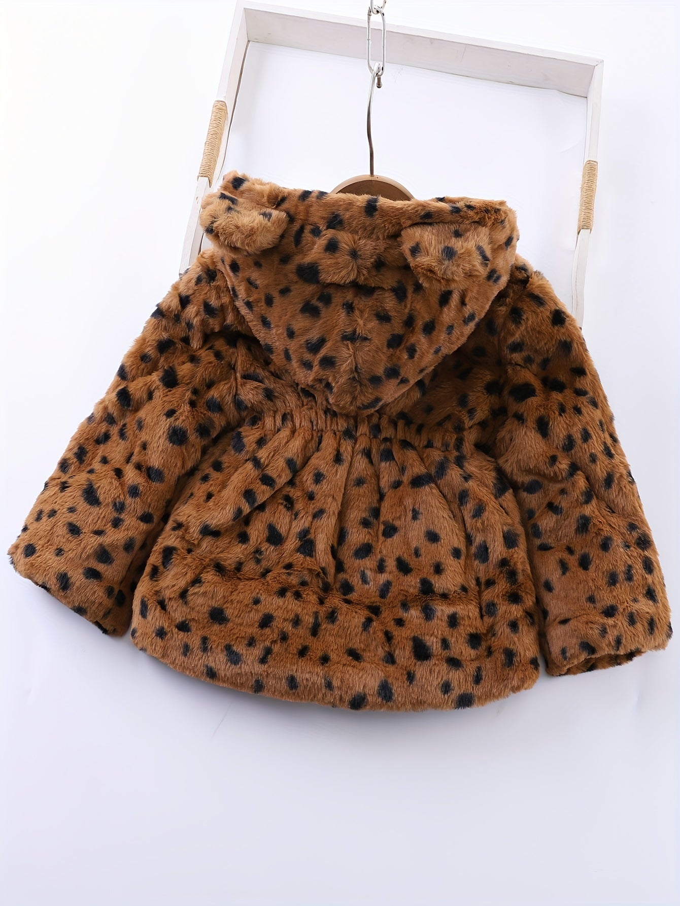 2024 Winter Girl's Fleece Leopard Print Coat, Casual Hooded Jacket For Kids