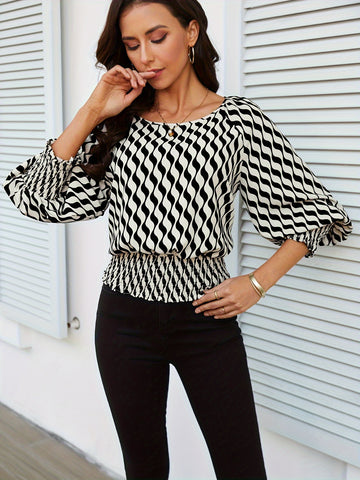 Vibrant Allover Print Loose Fit Blouse - Relaxed Casual Lantern Sleeve Top with — view 1 of women's clothing