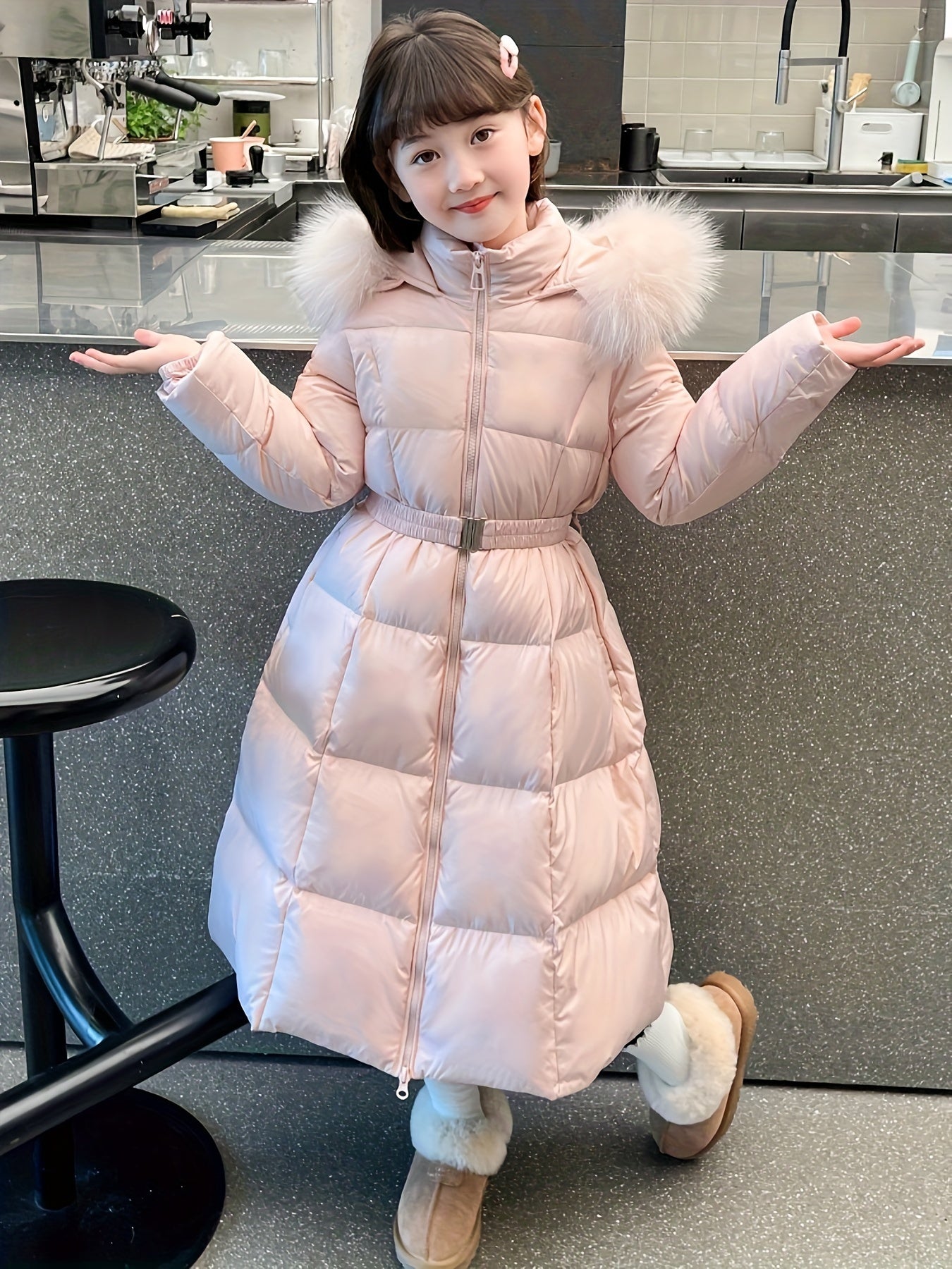 Elegant Long-Length Hooded Parka for Girls, Winter Slim Fit Puffer Coat with Belt, 100% Polyester Composition, Non-Stretch Solid Color with Flared Hem, Regular Sleeve