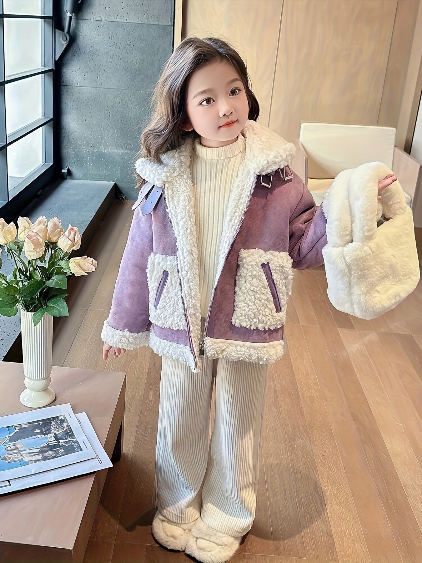 Chic Girls' Faux Fur-Lined Winter Coat - Warm, Machine Washable with Pockets for Fall/Winter