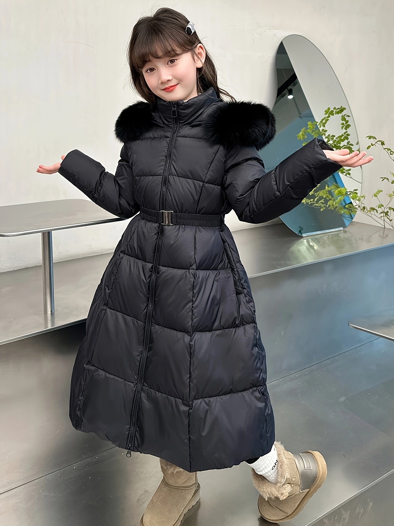 Elegant Long-Length Hooded Parka for Girls, Winter Slim Fit Puffer Coat with Belt, 100% Polyester Composition, Non-Stretch Solid Color with Flared Hem, Regular Sleeve
