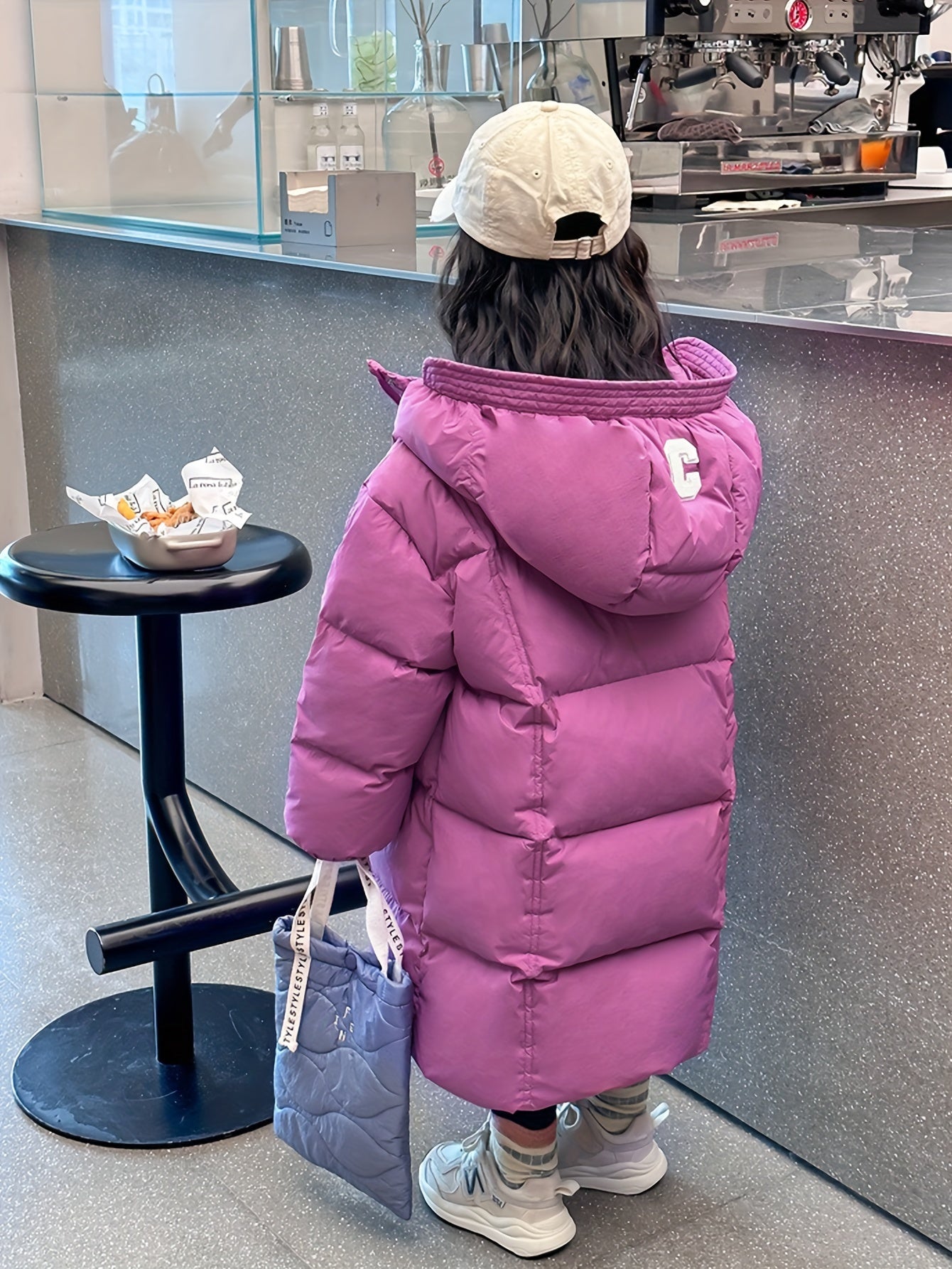 1pc Girls' Winter 2024 Casual Style Hooded Puffer Coat, Thickened Windproof Mid-Length, Solid Color Polyester Filling, Regular Fit, Non-Stretch Fabric