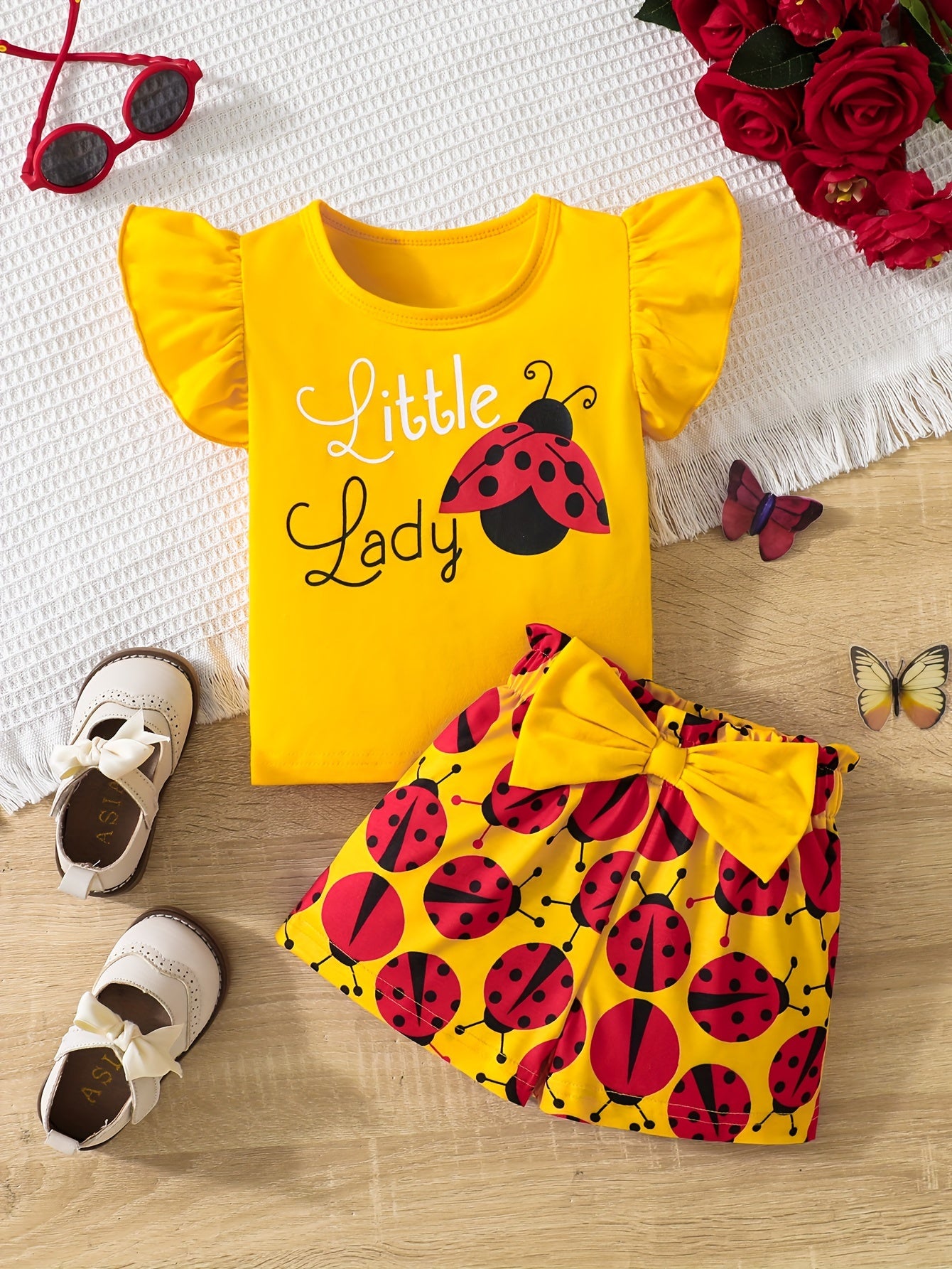 Baby Girl Summer Outfit – Ruffle Sleeve Graphic T-Shirt & Bowknot Ladybug Shorts