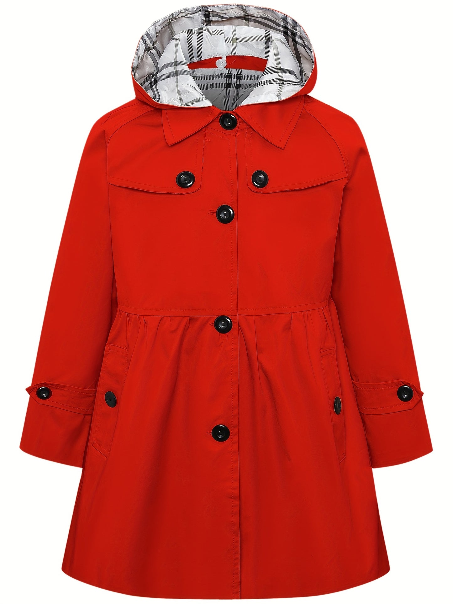 Elegant Hooded Cotton Blend Trench Coat for Youth with Non-Stretch Fabric and Solid Color Design, Featuring Faux Button Details and Hood - Suitable for Ages 12 and Under for Fall Season