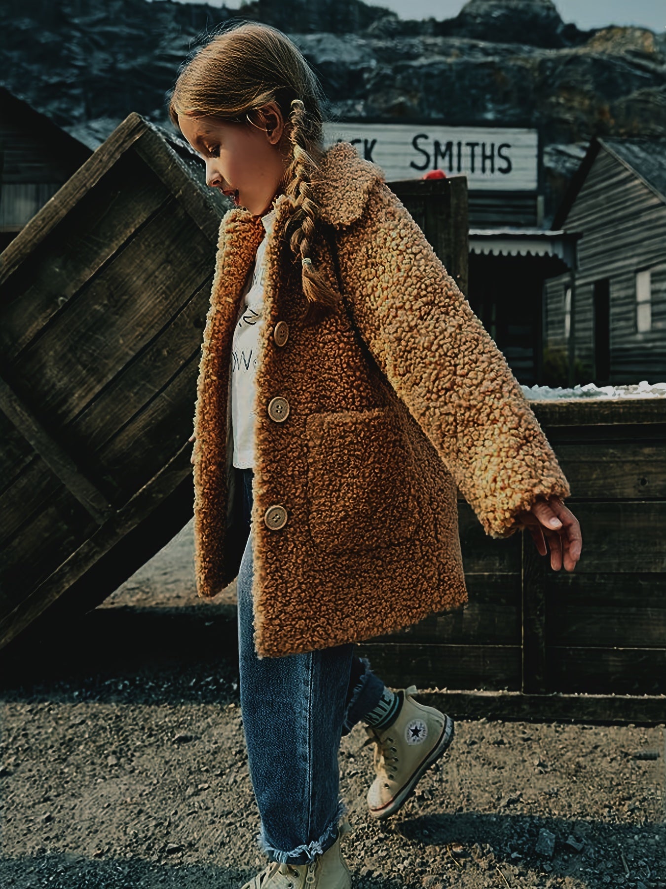 2024 Elegant Shearling Windbreaker Coat - Lapel Collar, Pocket, Slight Stretch, Solid Color, Hand Washable - Winter Thermal Jacket for Girls
