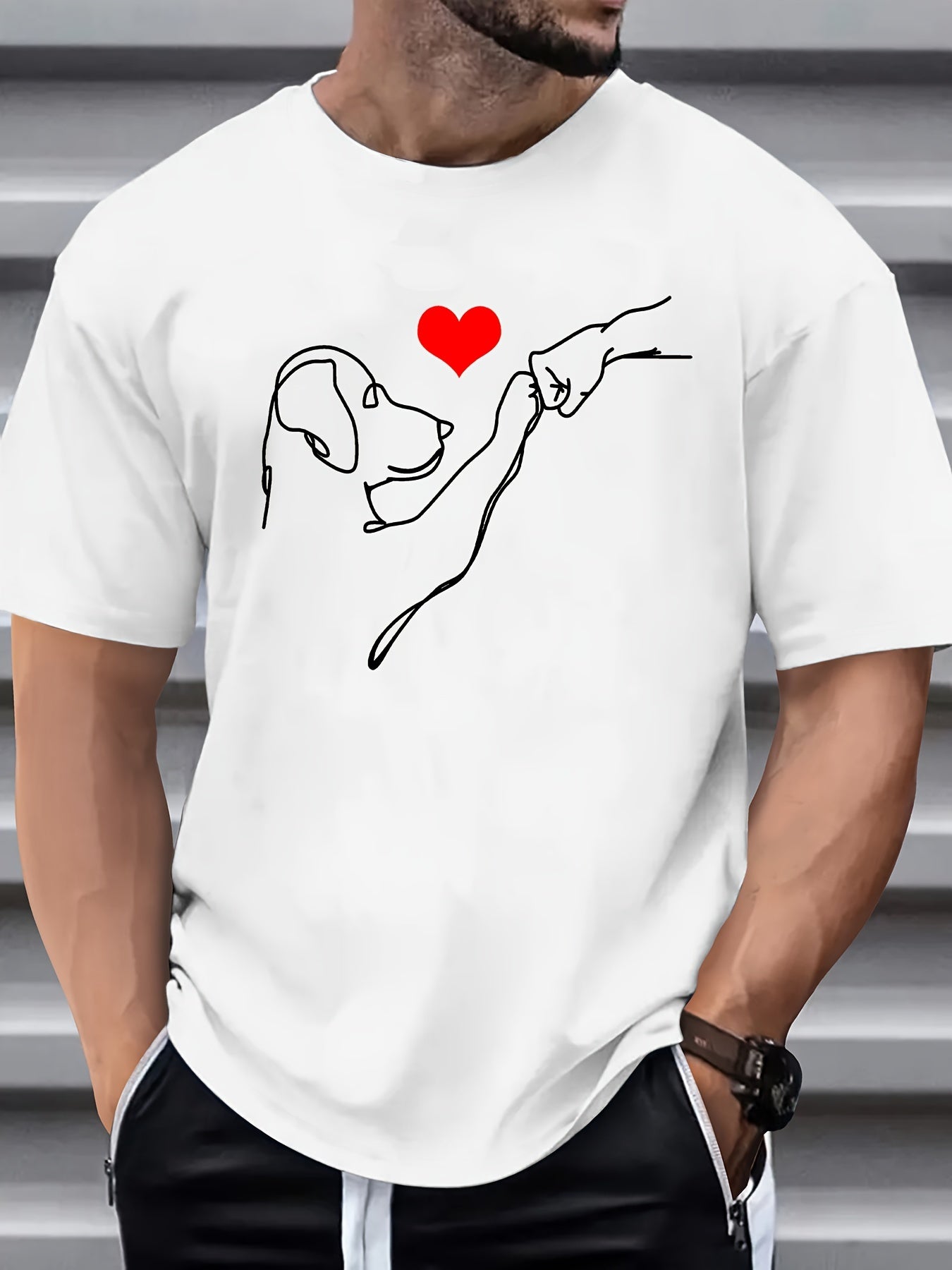 Casual Short Sleeve Cotton Blend Men's Dog Print T-shirt, Crew Neck Tee For Outdoor