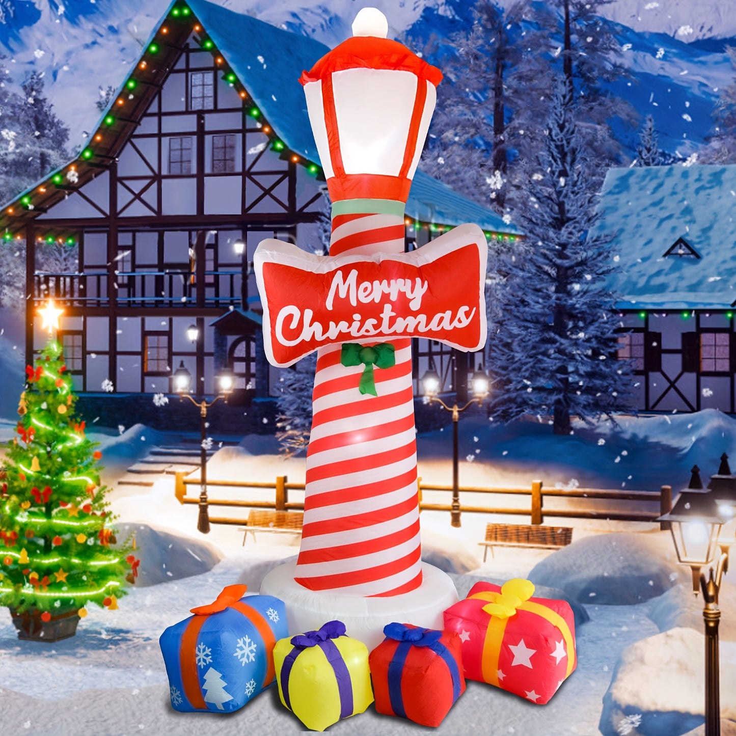 8.1FT LED Christmas Inflatable Lighthouse – Blow-Up Yard Decoration with Gift Boxes for Holiday Parties
