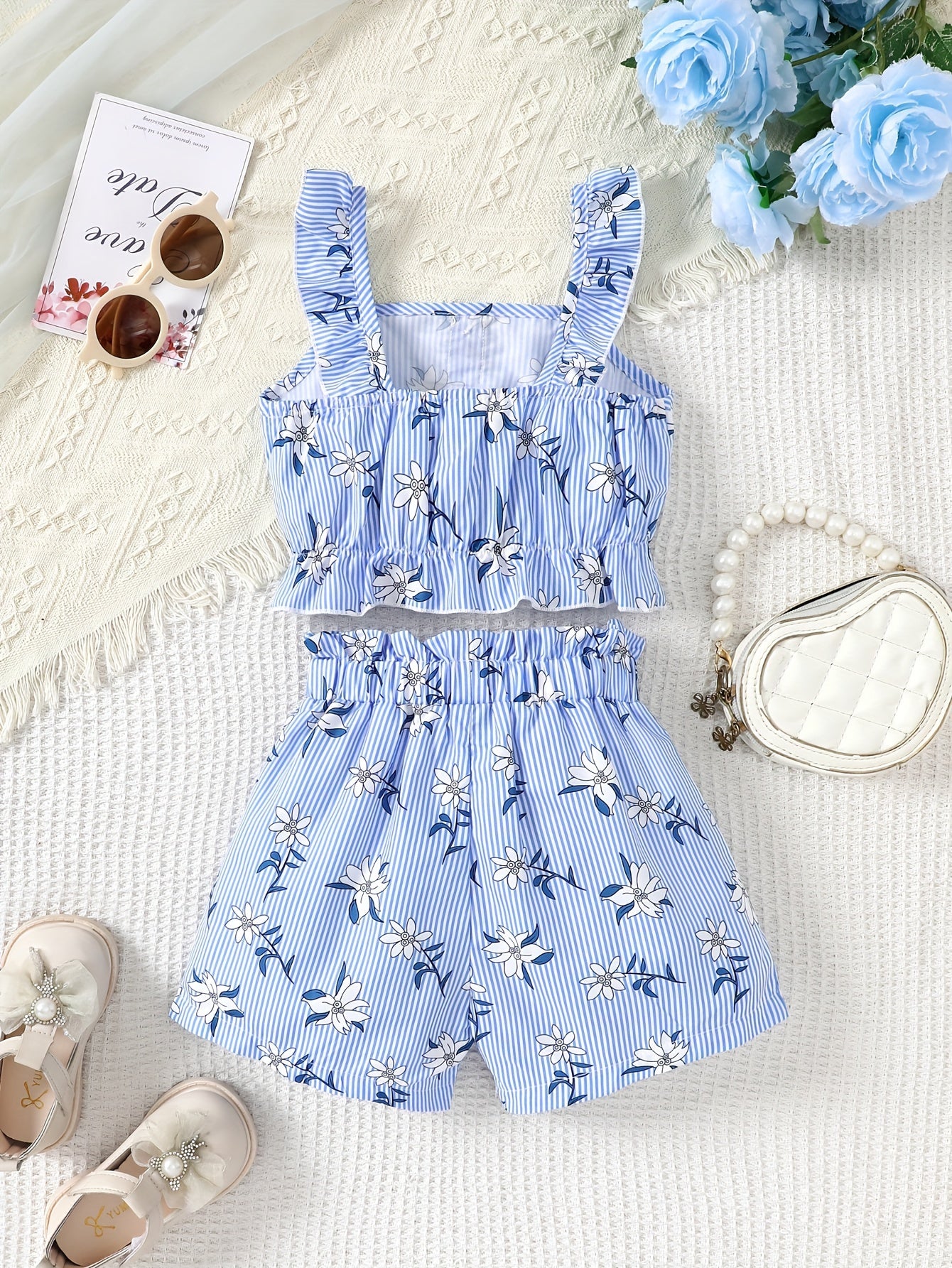 Girl's Suspender Floral Print Top + Shorts, Summer Leisure Vacation Two-piece Set