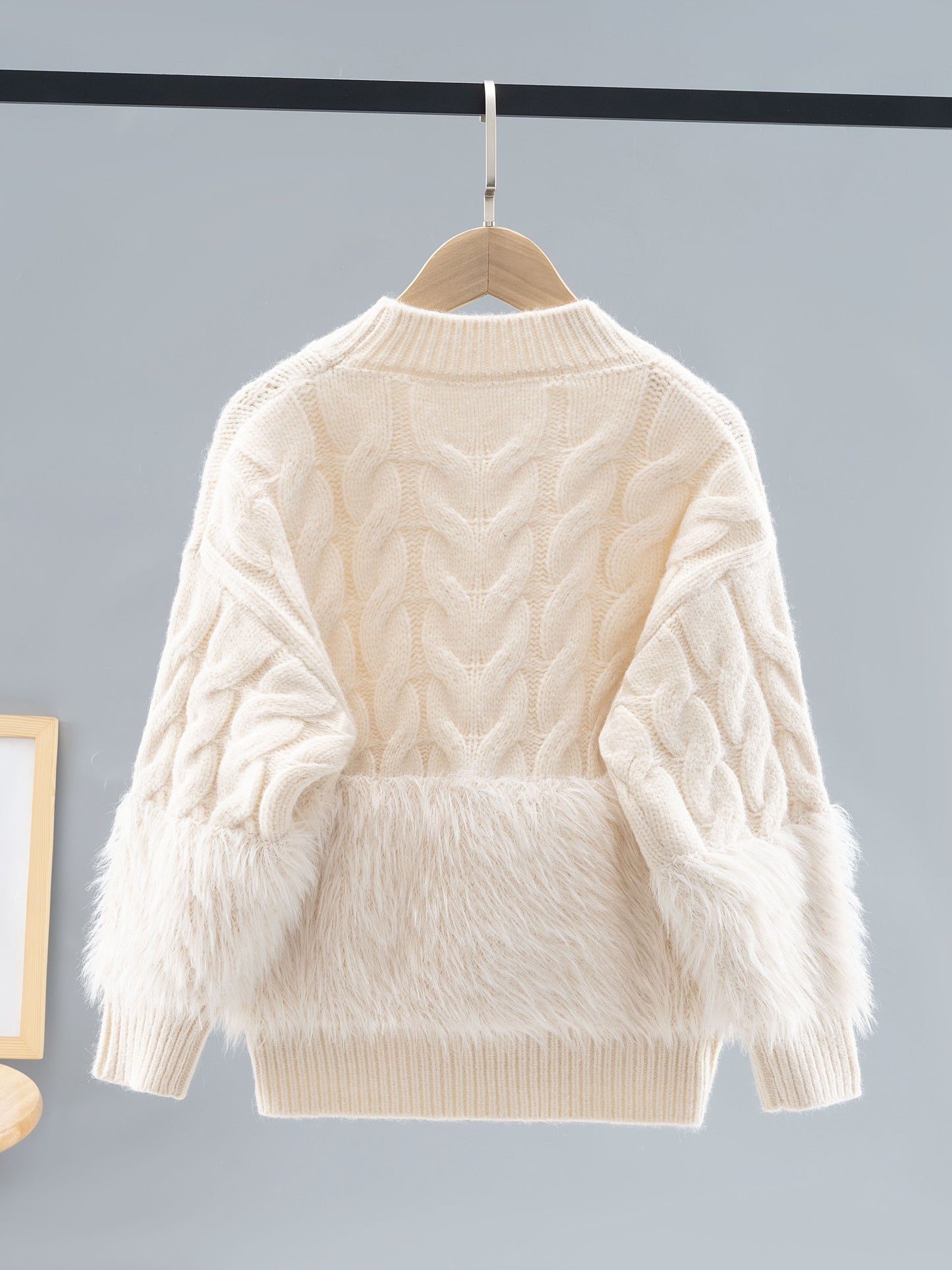 Chic Girls' Faux Mink Knit Sweater - Cozy & Stretchy, Machine Washable, Round Neck for Fall/Winter