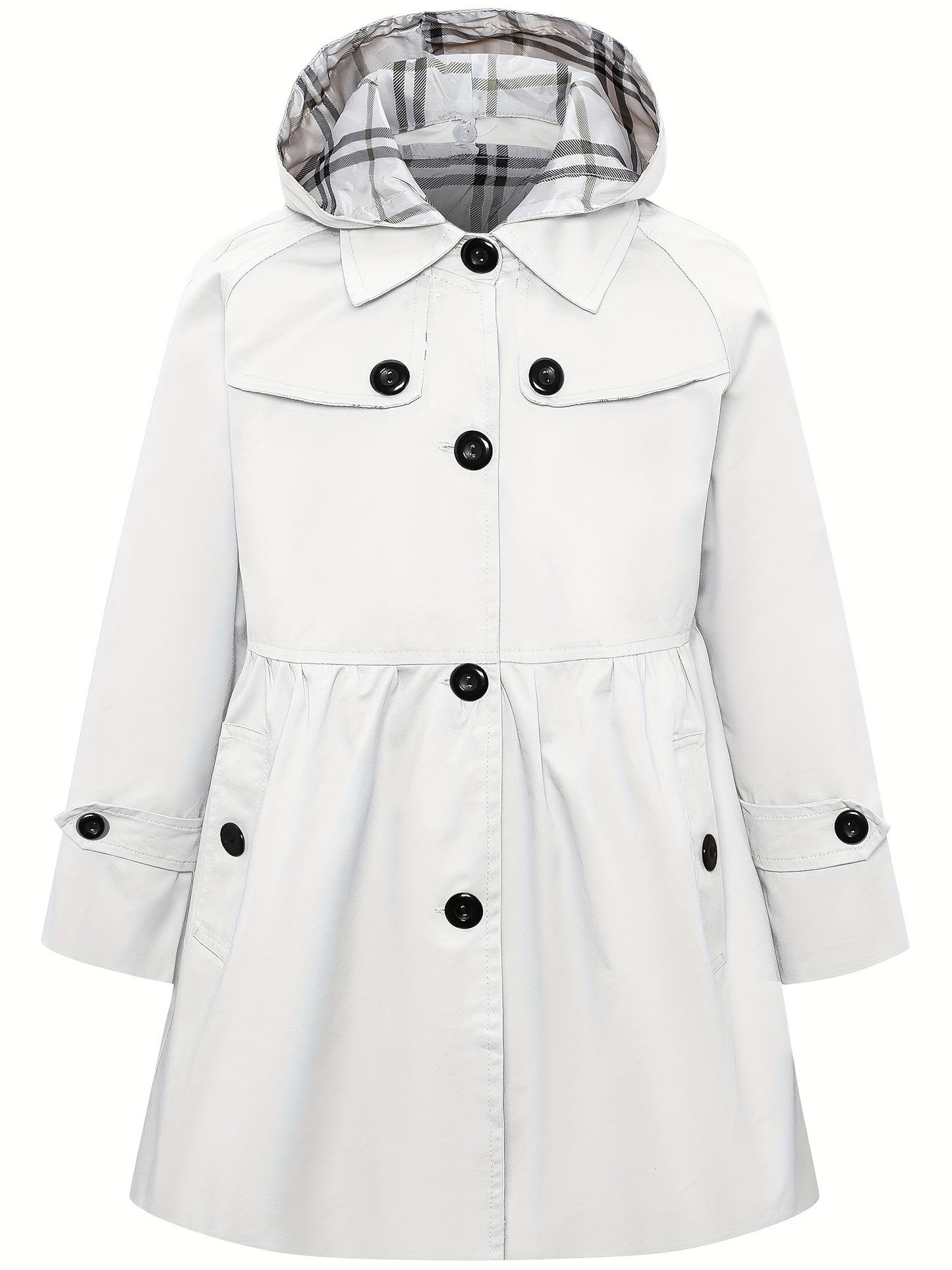 Elegant Hooded Cotton Blend Trench Coat for Youth with Non-Stretch Fabric and Solid Color Design, Featuring Faux Button Details and Hood - Suitable for Ages 12 and Under for Fall Season