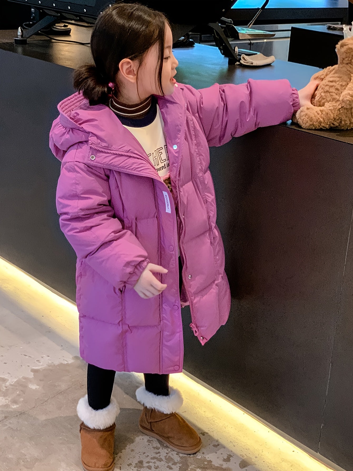 1pc Girls' Winter 2024 Casual Style Hooded Puffer Coat, Thickened Windproof Mid-Length, Solid Color Polyester Filling, Regular Fit, Non-Stretch Fabric