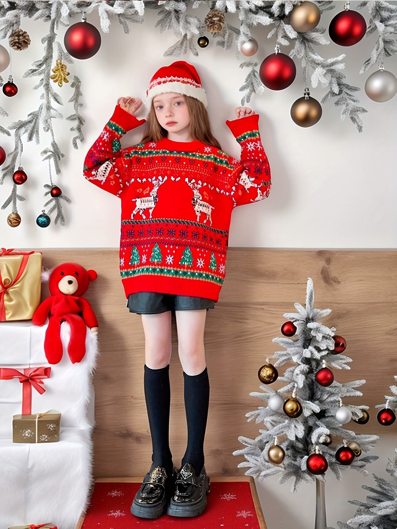 2025 Kids’ Reindeer Knit Sweater – Cute Long Sleeve Crew Neck Pullover for Girls