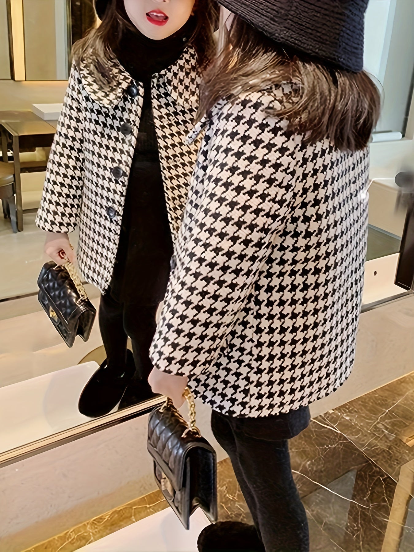 Elegant Houndstooth Dress Coat for Girls, Polyester Lapel Collar Flared Long Sleeve Single Button Coat, Spring/Autumn Mid-Length Children's Outerwear with Button Details - Non-Stretch Regular Fit