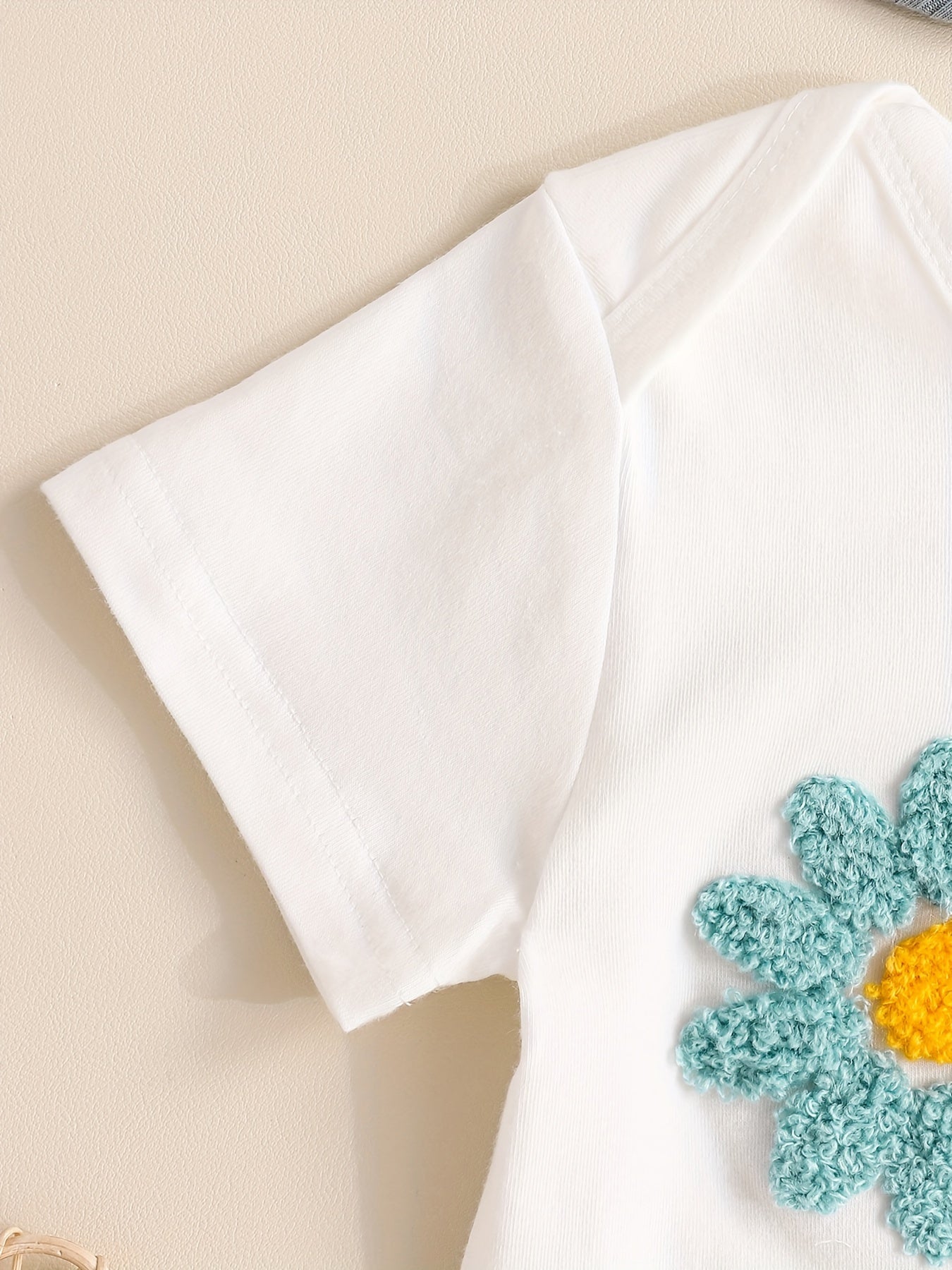 Baby's ONE Flower Embroidered 2pcs Summer Outfit, Cotton Triangle Bodysuit & Ribbed Shorts Set, Toddler & Infant Girl's Clothes For Daily Outdoor/Holiday/Party