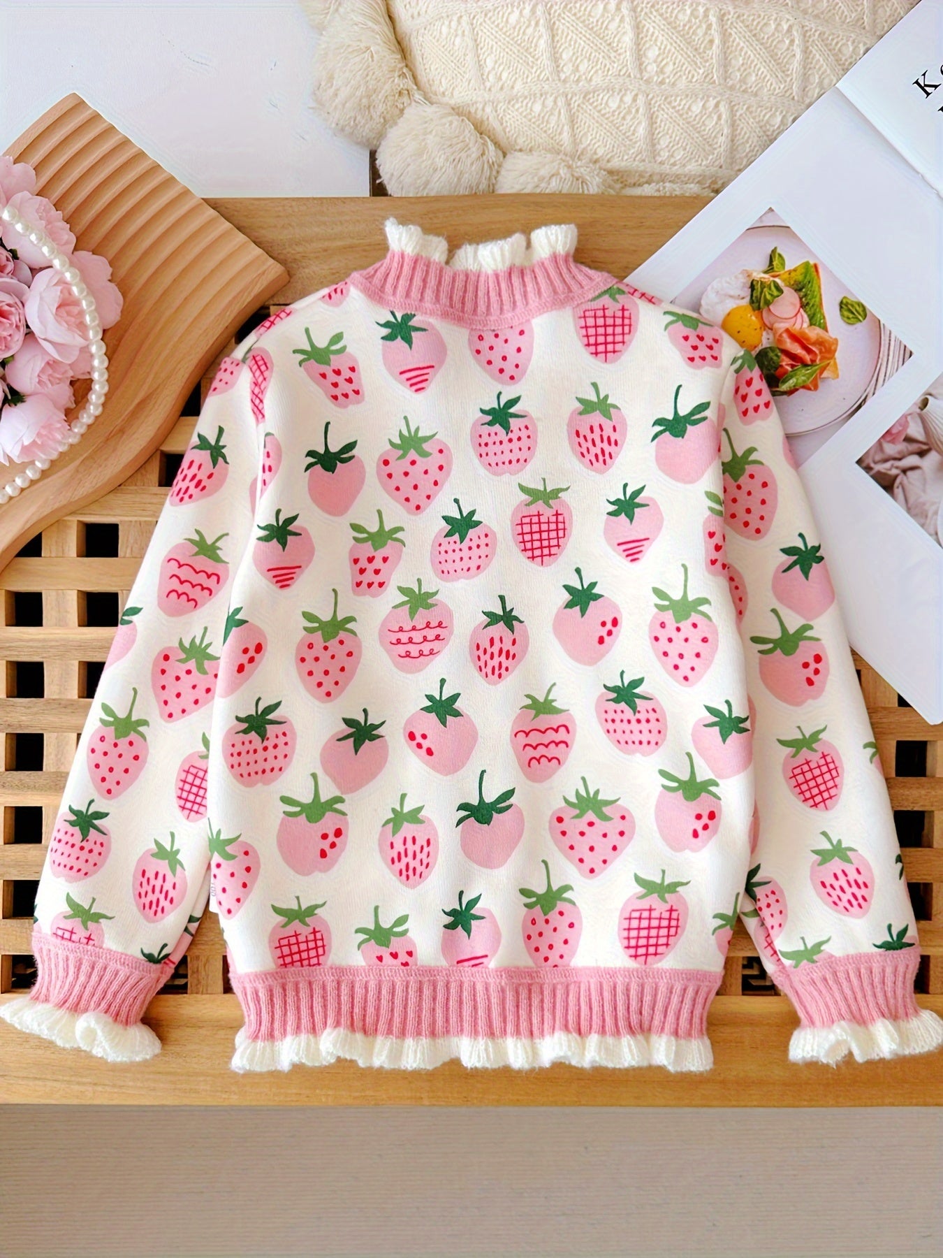 Girls Thermal Comfy Strawberry Print Knit Cardigan - Elegant V-Neck Long Sleeve Button-Down Sweater For Autumn/Winter