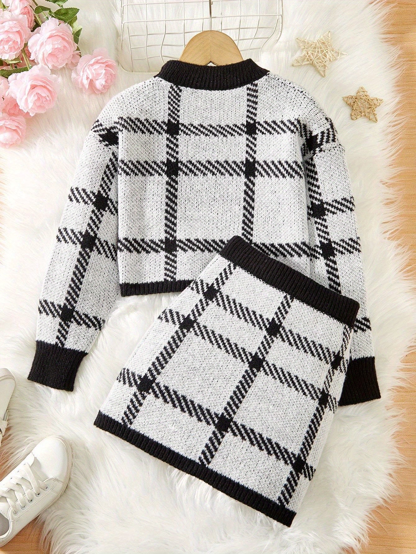 2pcs Girls’ Plaid Knit Sweater & Skirt Set – Cozy Fall/Winter Casual Outfit