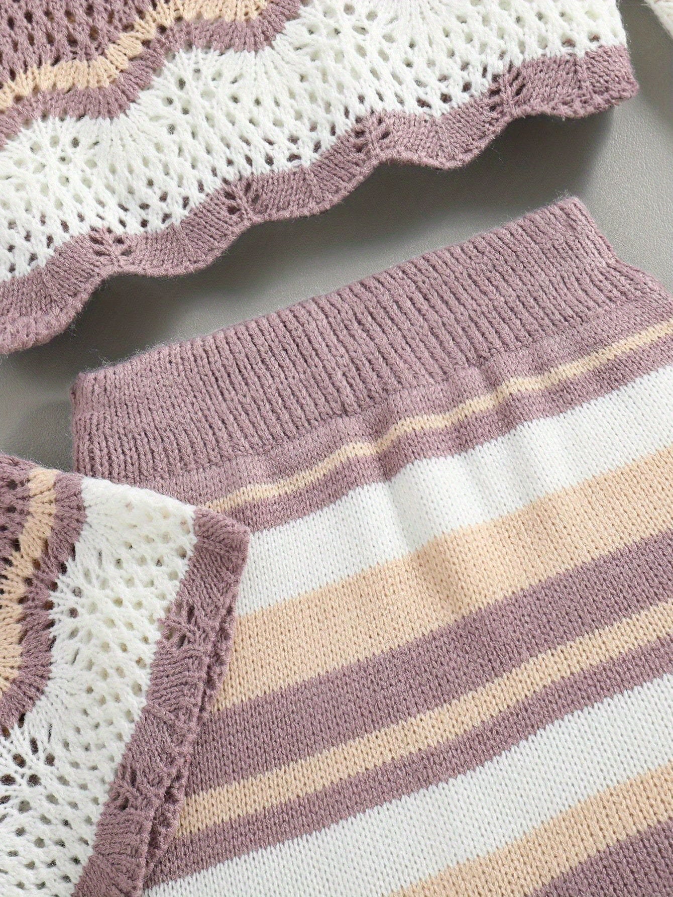 Tween Girl Knitted Gradient Striped Hollow Out Sweater + Knit Skirt 2-Piece Set For Spring And Autumn Casual Outdoor Activities