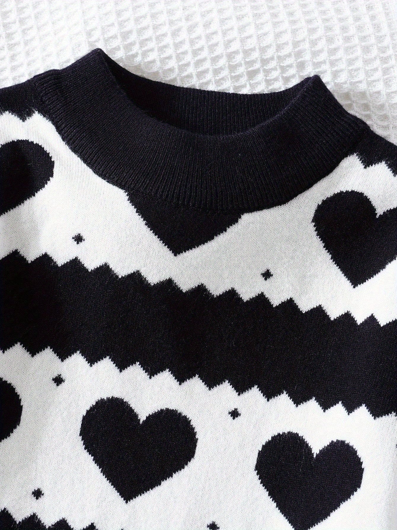 Hearts Pattern Girls Knitted Long Sleeve Pullover Sweater Dress Suitable For Winter/ Fall, 1 Pc