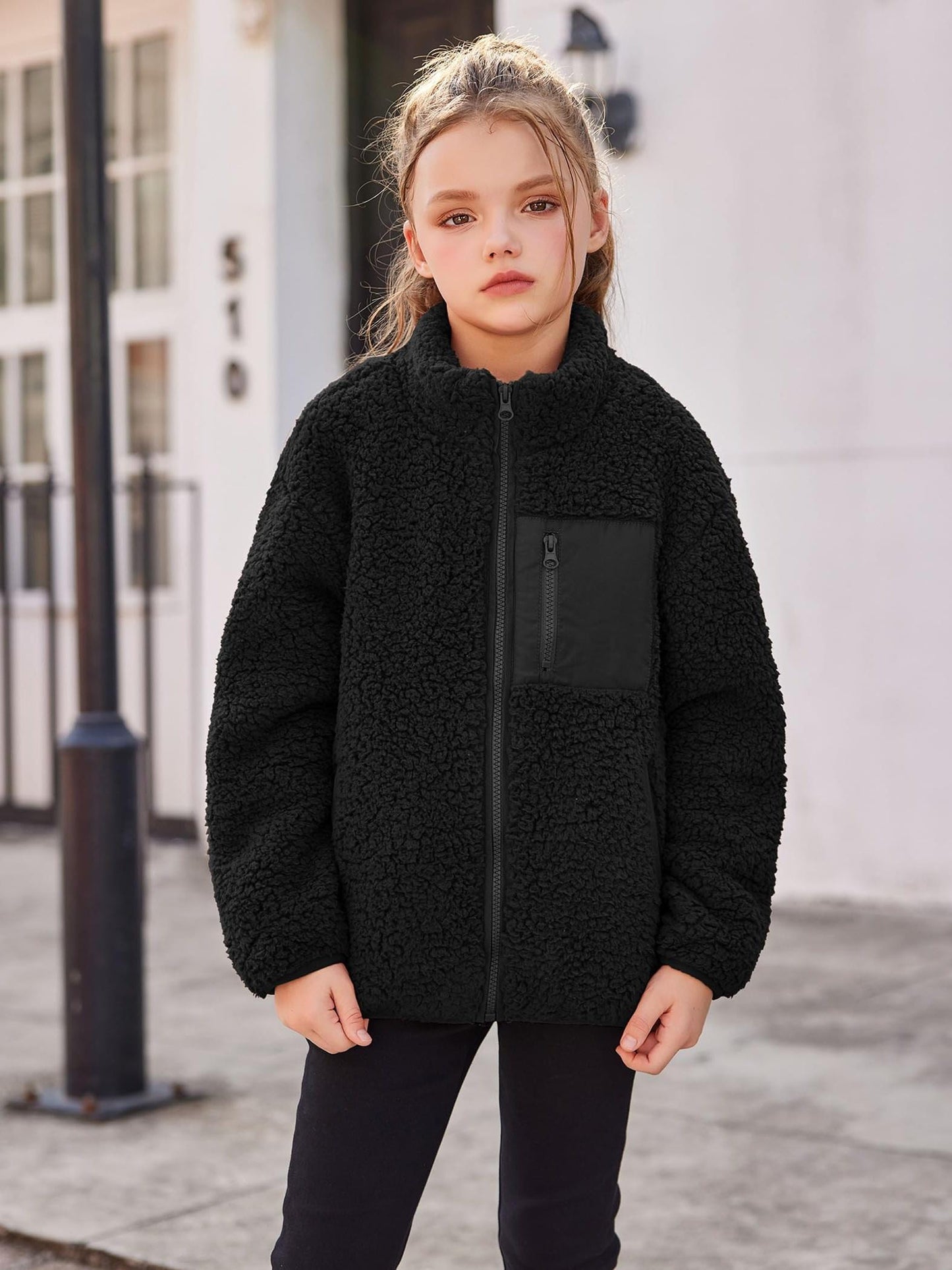 Girl's jacket lambswool fall and winter full zipper fleece jacket with pockets