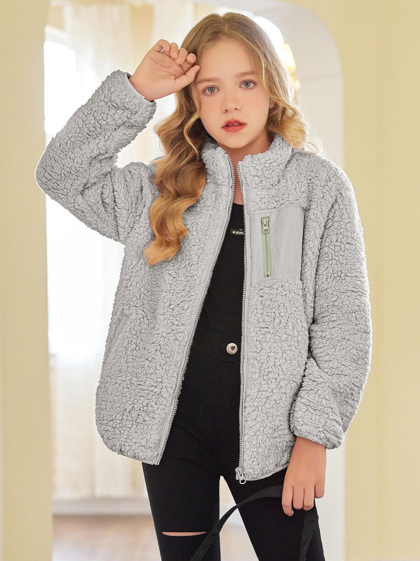 Girl's jacket lambswool fall and winter full zipper fleece jacket with pockets
