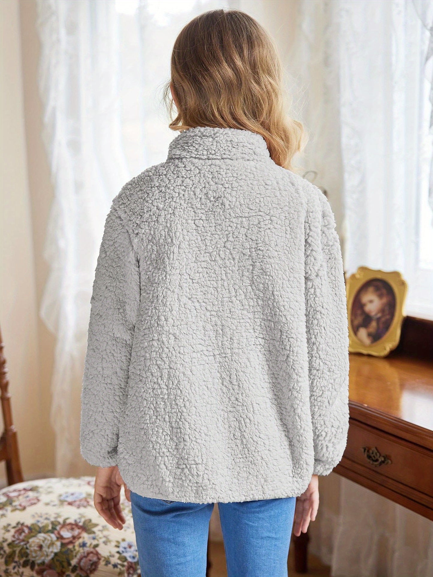 Girl's jacket lambswool fall and winter full zipper fleece jacket with pockets