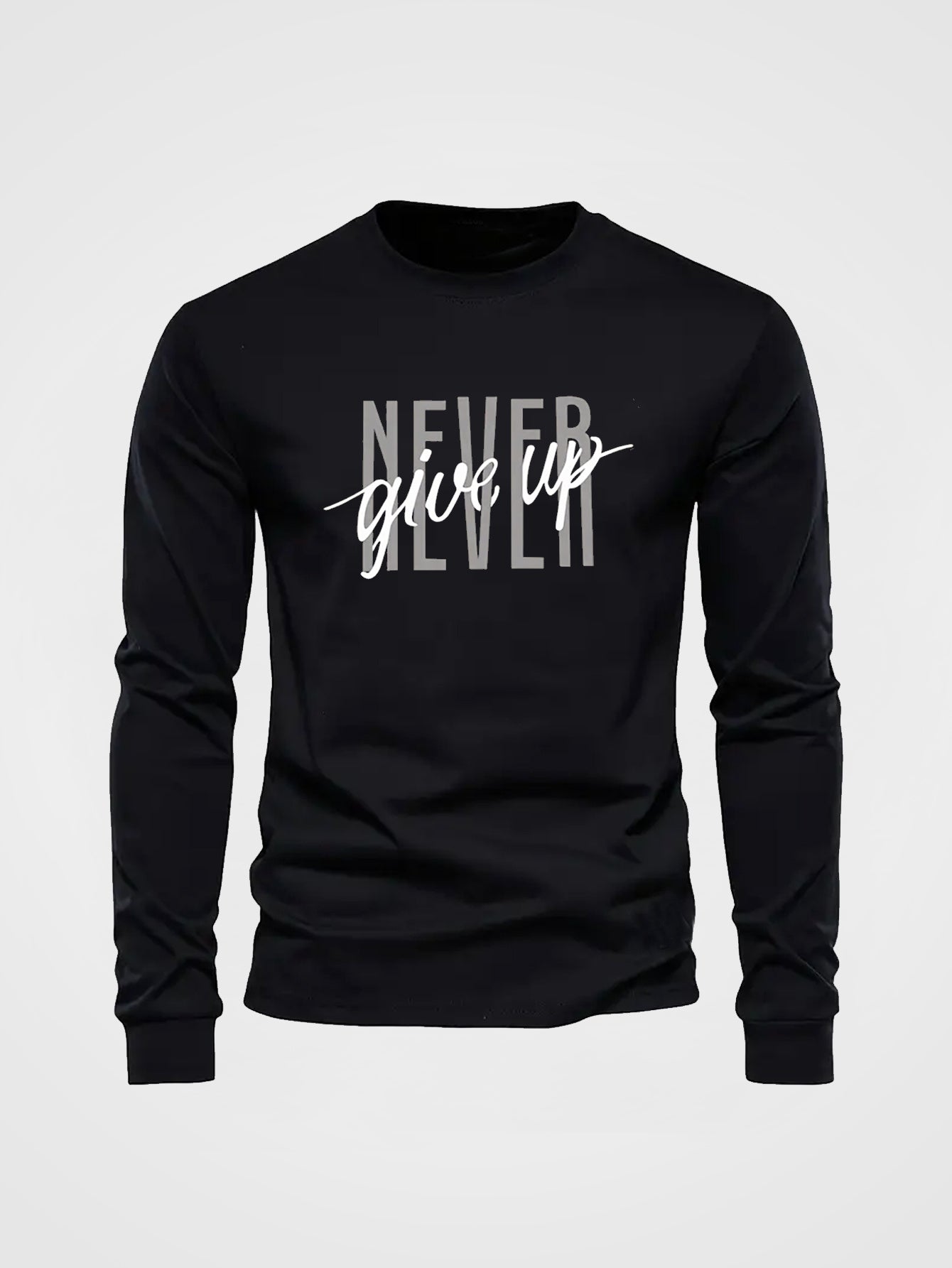 Men's Autumn/Winter Long Sleeve "Never Give Up" Letter Print Round Neck T-Shirt - Cotton Knit, Solid Color, Ribbed Hem, Adult Size