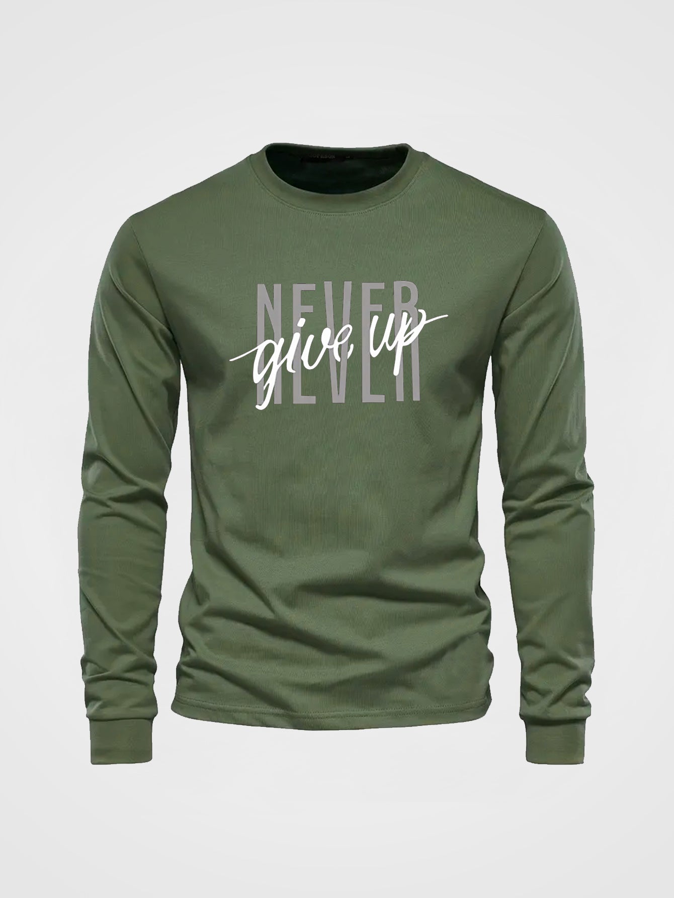 Men's Autumn/Winter Long Sleeve "Never Give Up" Letter Print Round Neck T-Shirt - Cotton Knit, Solid Color, Ribbed Hem, Adult Size
