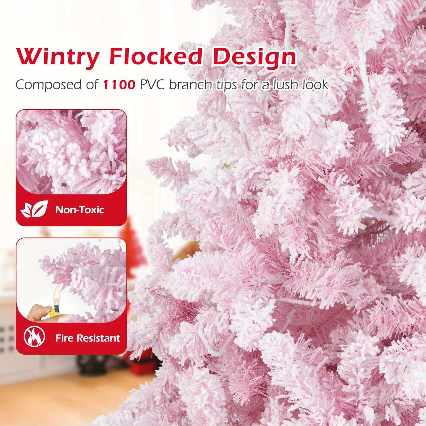 7.5ft Pre-Lit Snow Flocked Christmas Tree – 1100 Tips, 450 Lights, 8 Modes, Hinged Design