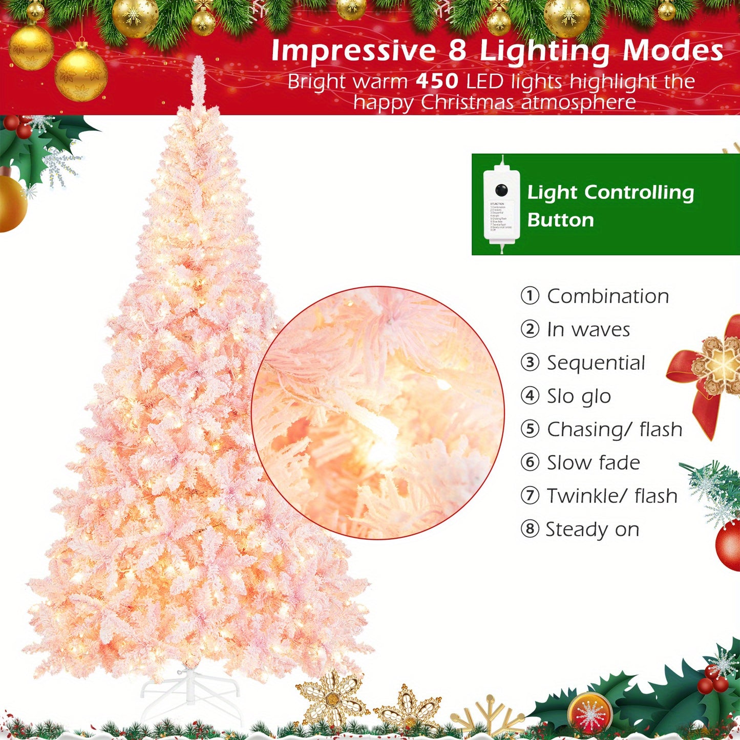 7.5ft Pre-Lit Snow Flocked Christmas Tree – 1100 Tips, 450 Lights, 8 Modes, Hinged Design