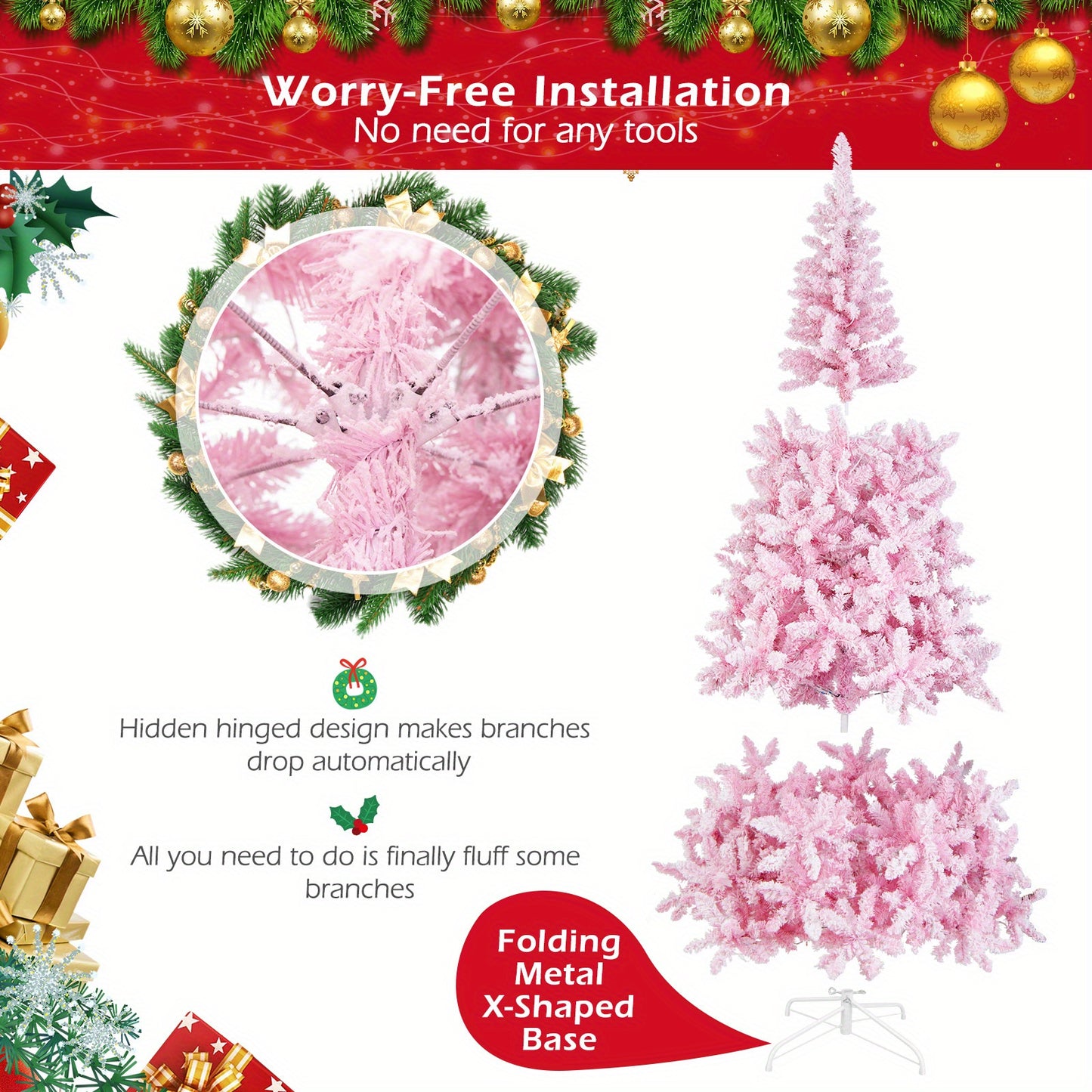 7.5ft Pre-Lit Snow Flocked Christmas Tree – 1100 Tips, 450 Lights, 8 Modes, Hinged Design