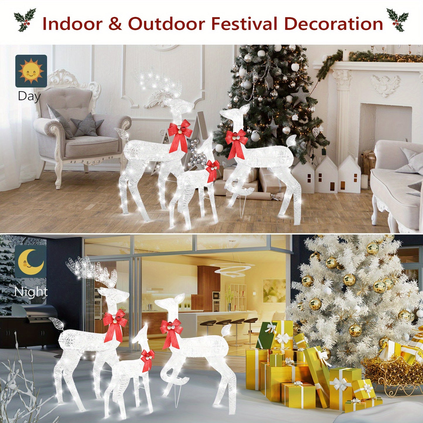 Christmas Outdoor Decor Christmas Reindeer Family Yard Decoration Set 3Pcs with LED Light - White