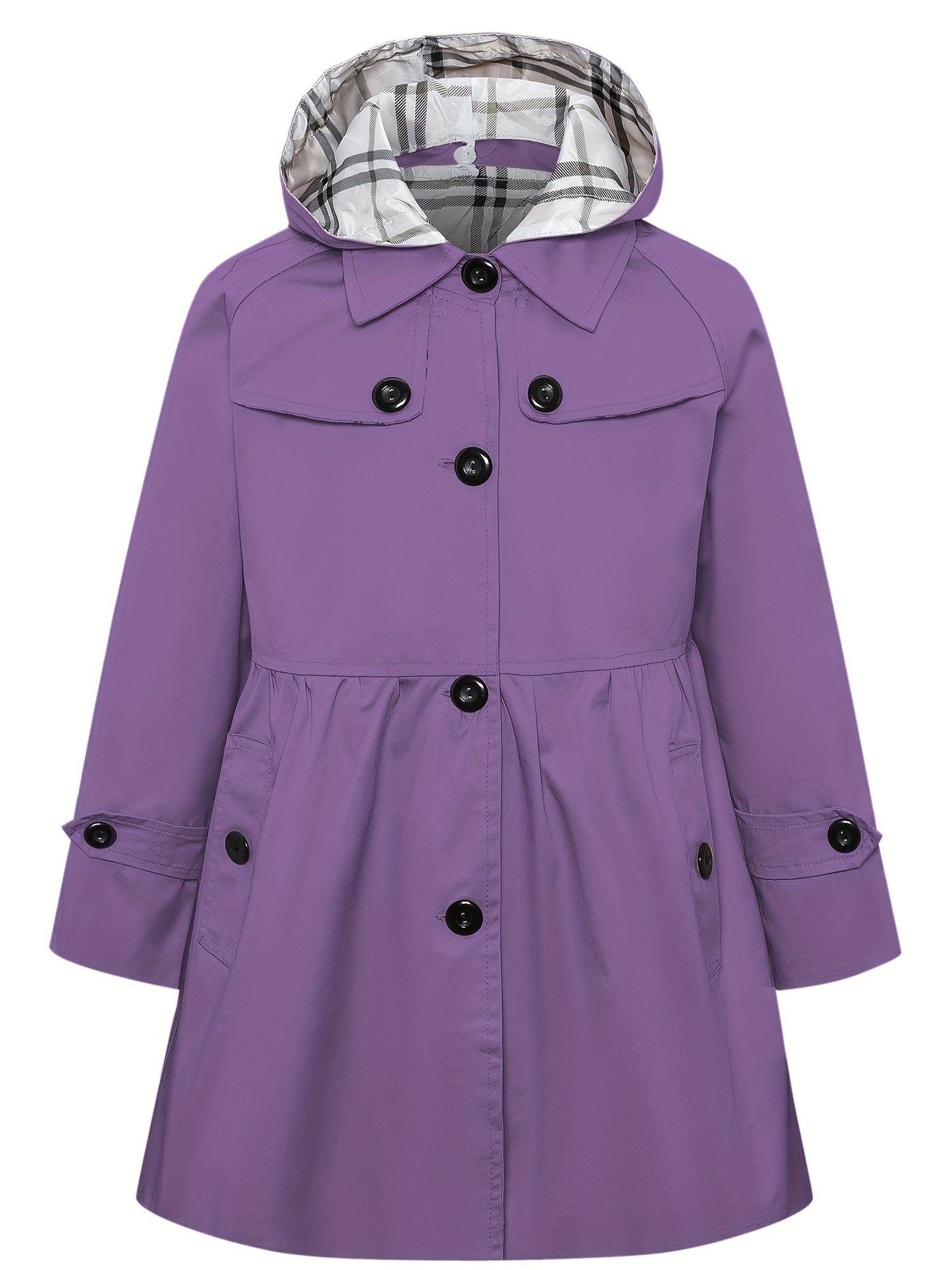 Elegant Hooded Cotton Blend Trench Coat for Youth with Non-Stretch Fabric and Solid Color Design, Featuring Faux Button Details and Hood - Suitable for Ages 12 and Under for Fall Season