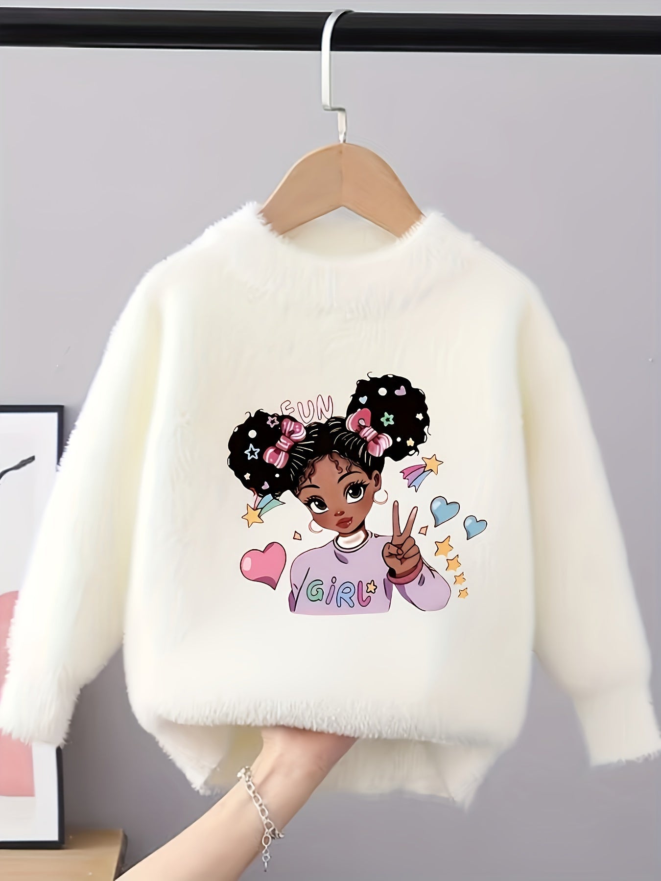 Bohemian Style Girls' Knit Sweater – Cartoon Print, Round Neck, Faux Mink Soft Pullover