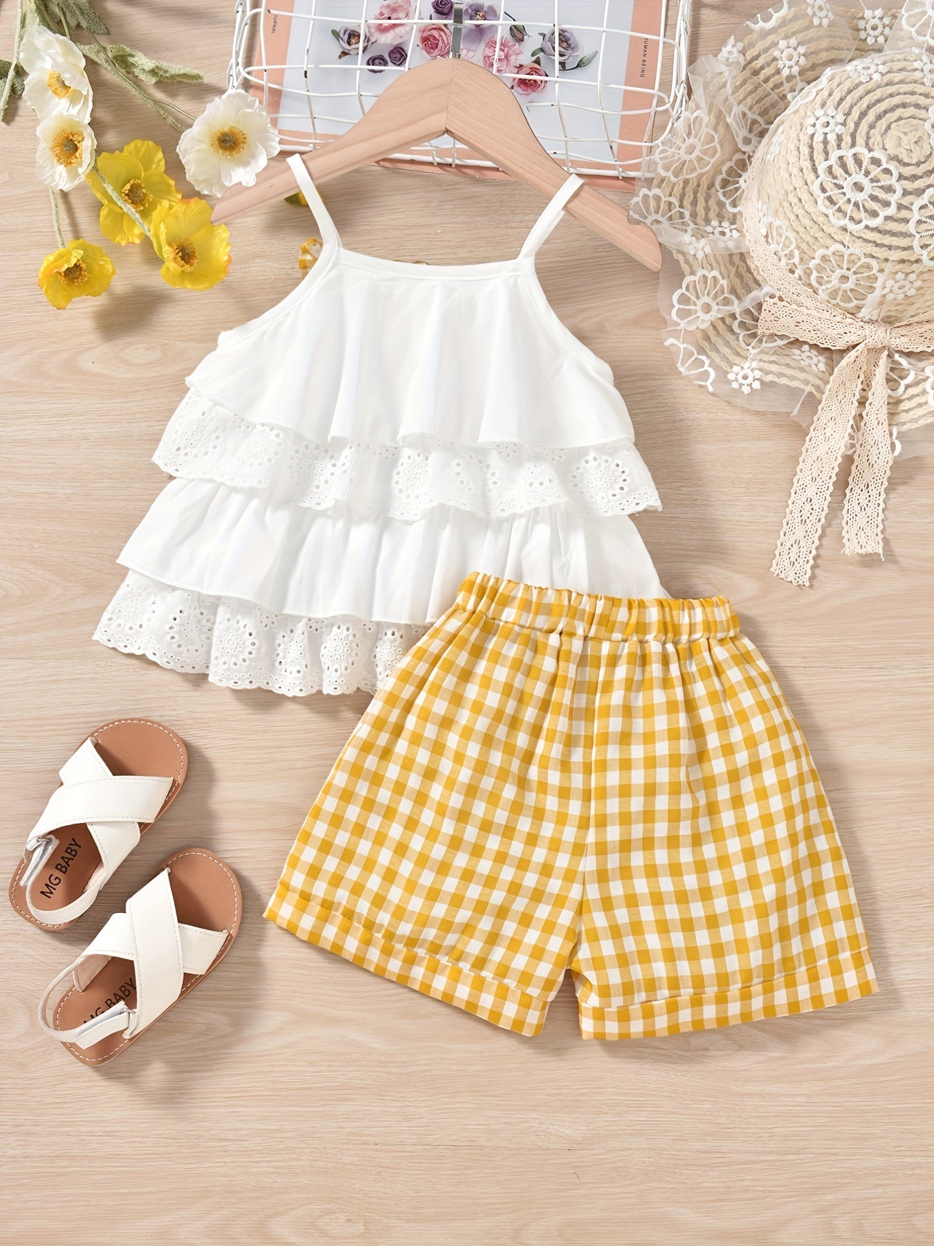 2pcs Girls’ Ruffles Cami Top & Plaid Shorts – Summer Outfit with Flower Hollow Bow
