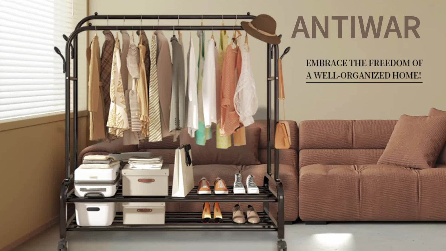 Durable Metal Clothing Rack with Double Rods And Wheels, Featuring Shelves And Hooks, Designed for Heavy-Duty Use to Hang Garments, Versatile Closet Solution for Bedrooms, in Black