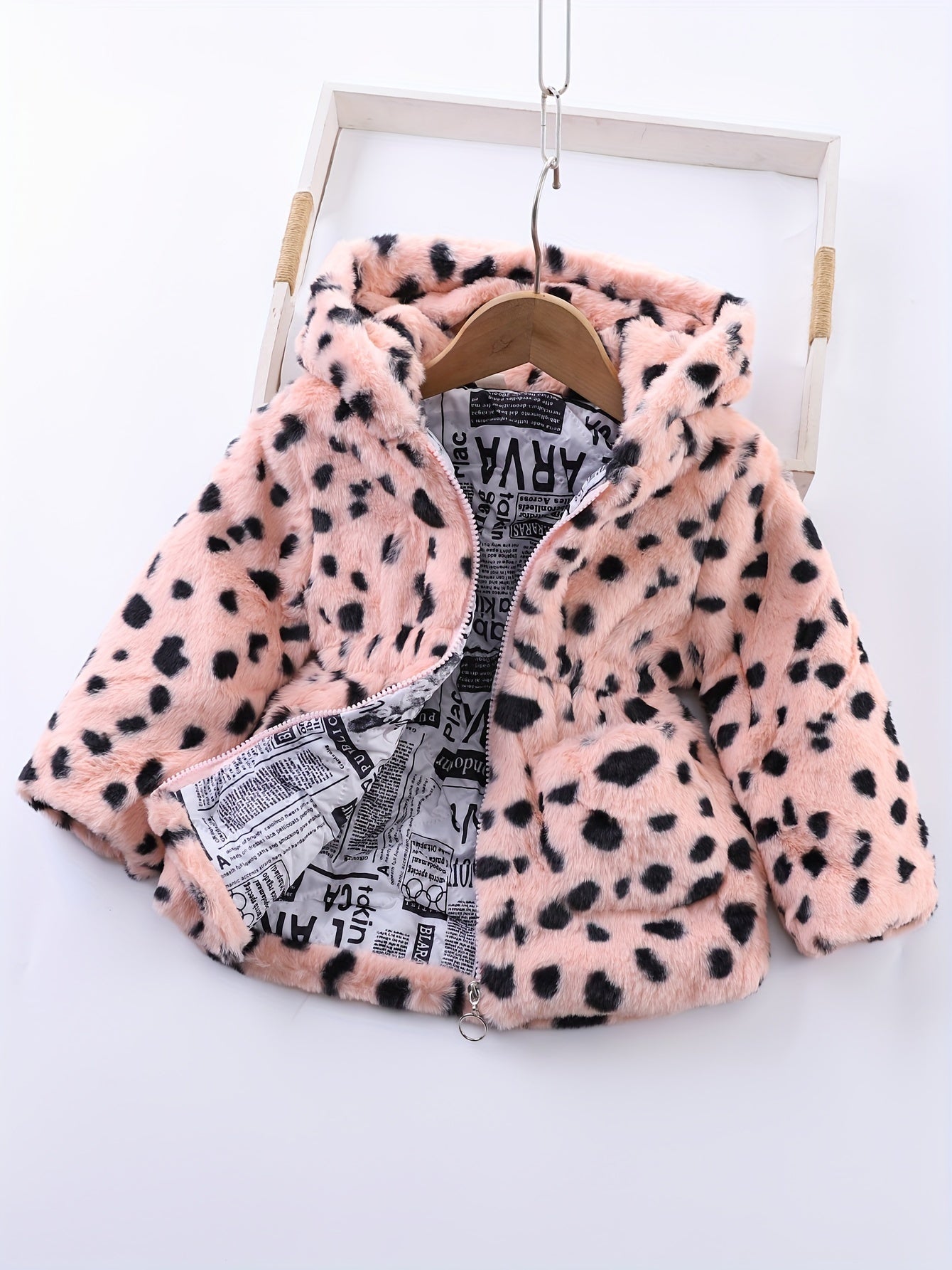 2024 Winter Girl's Fleece Leopard Print Coat, Casual Hooded Jacket For Kids