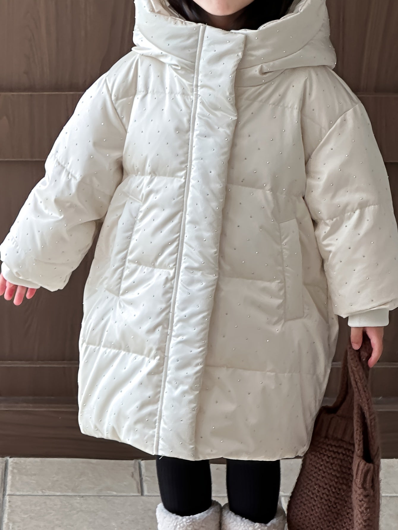 2024 Girls Winter Polka Dots Hooded Down Coat, Mid-Length Long Sleeve Duck Down Filled Casual Warm Outerwear