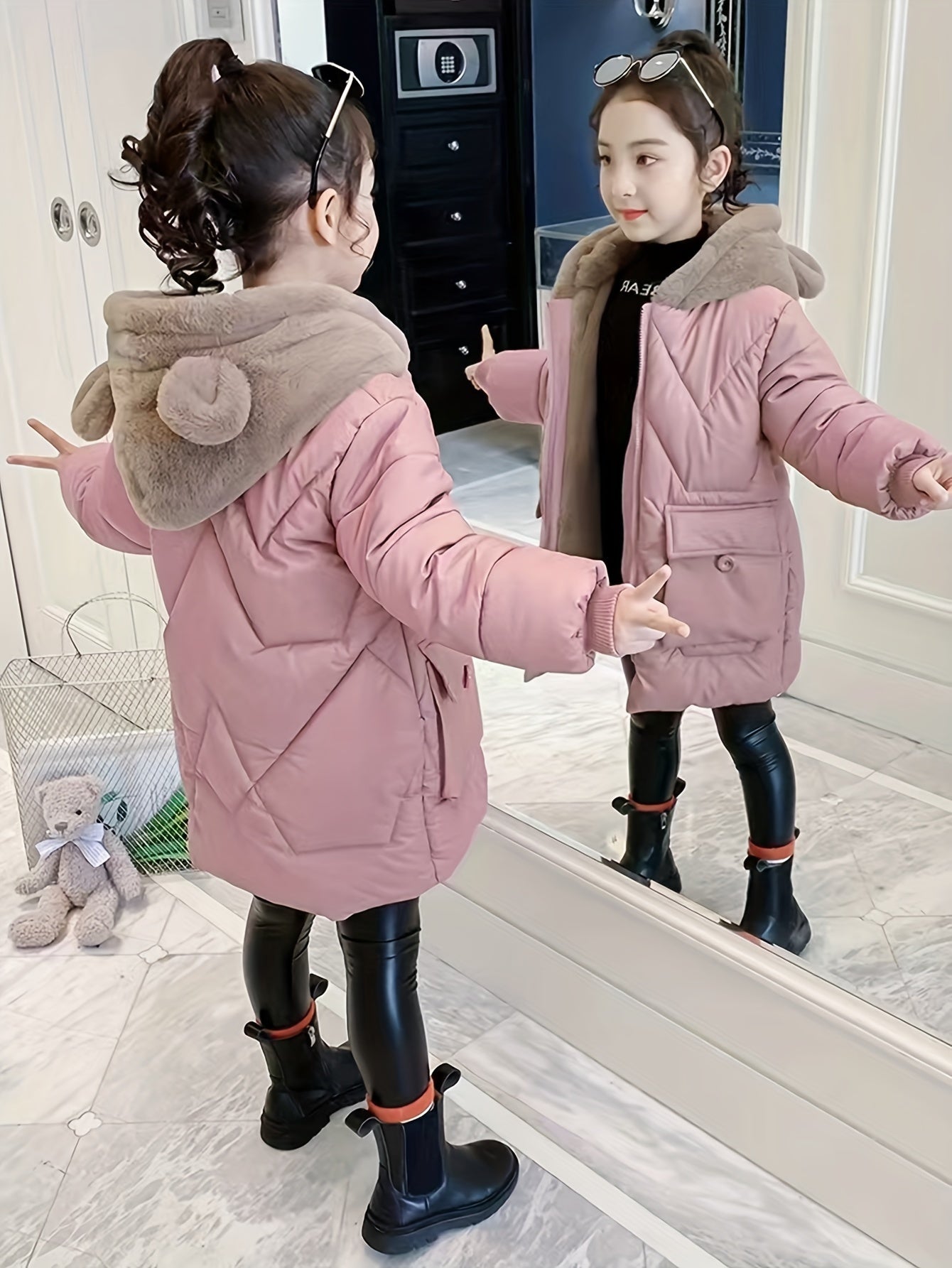 Girls’ Winter Cotton Jacket with Teddy Bear Ears – Hooded Mid-Length Pink Coat