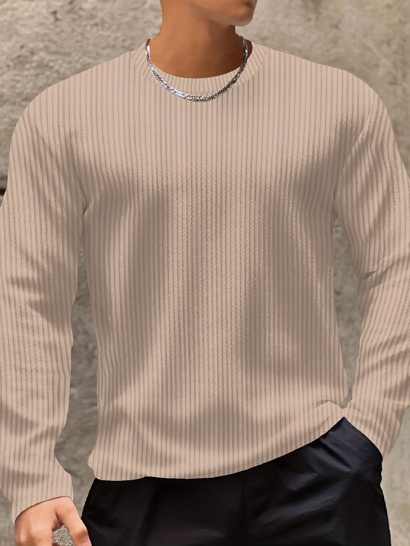Long Sleeve Men's Striped Casual Crew Neck T-shirt, Outdoor Clothing