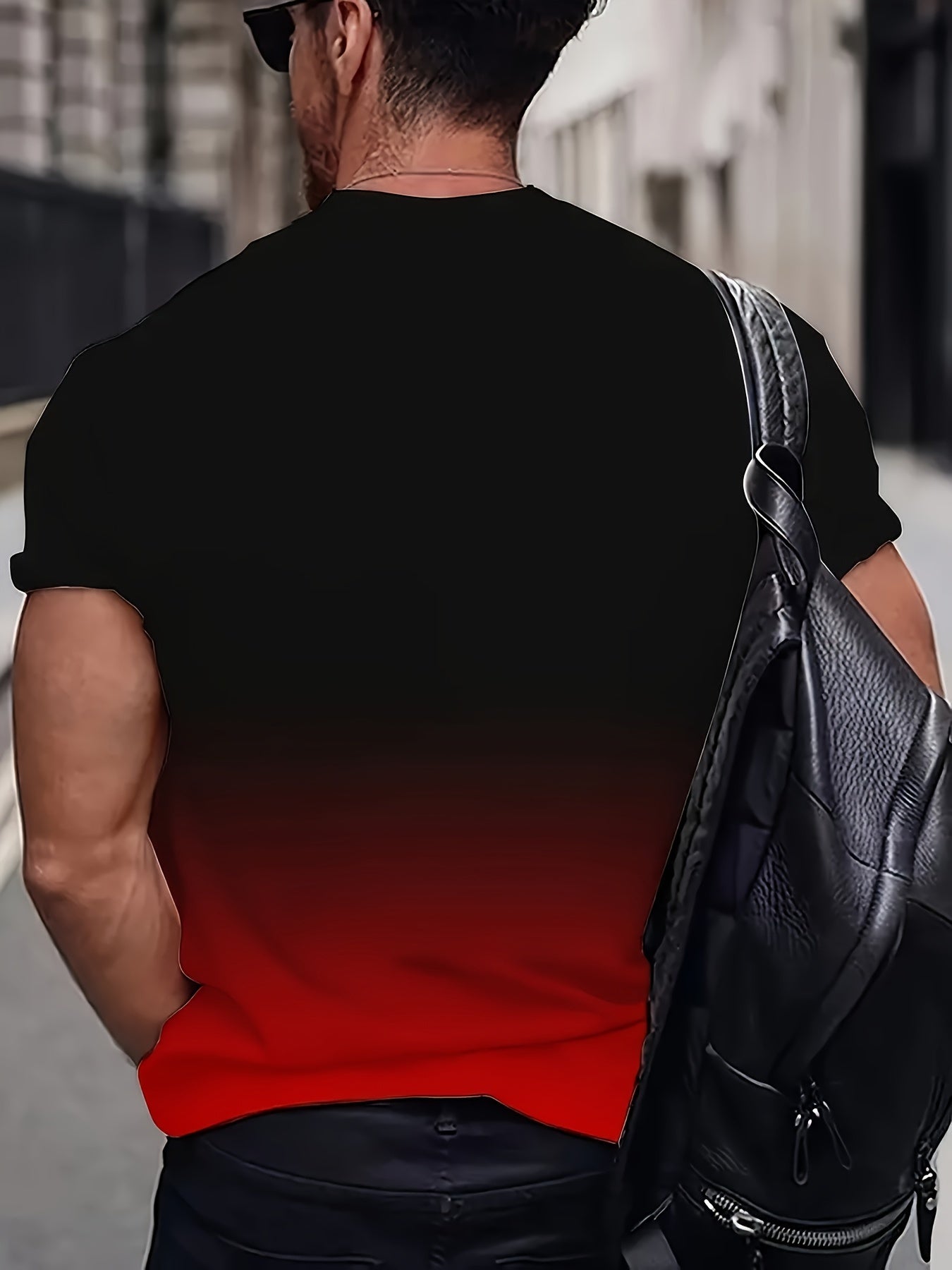 Black Men's Gradient Color Crew Neck T-shirt, Letter Print Summer Top For Daily And Outdoors Wear