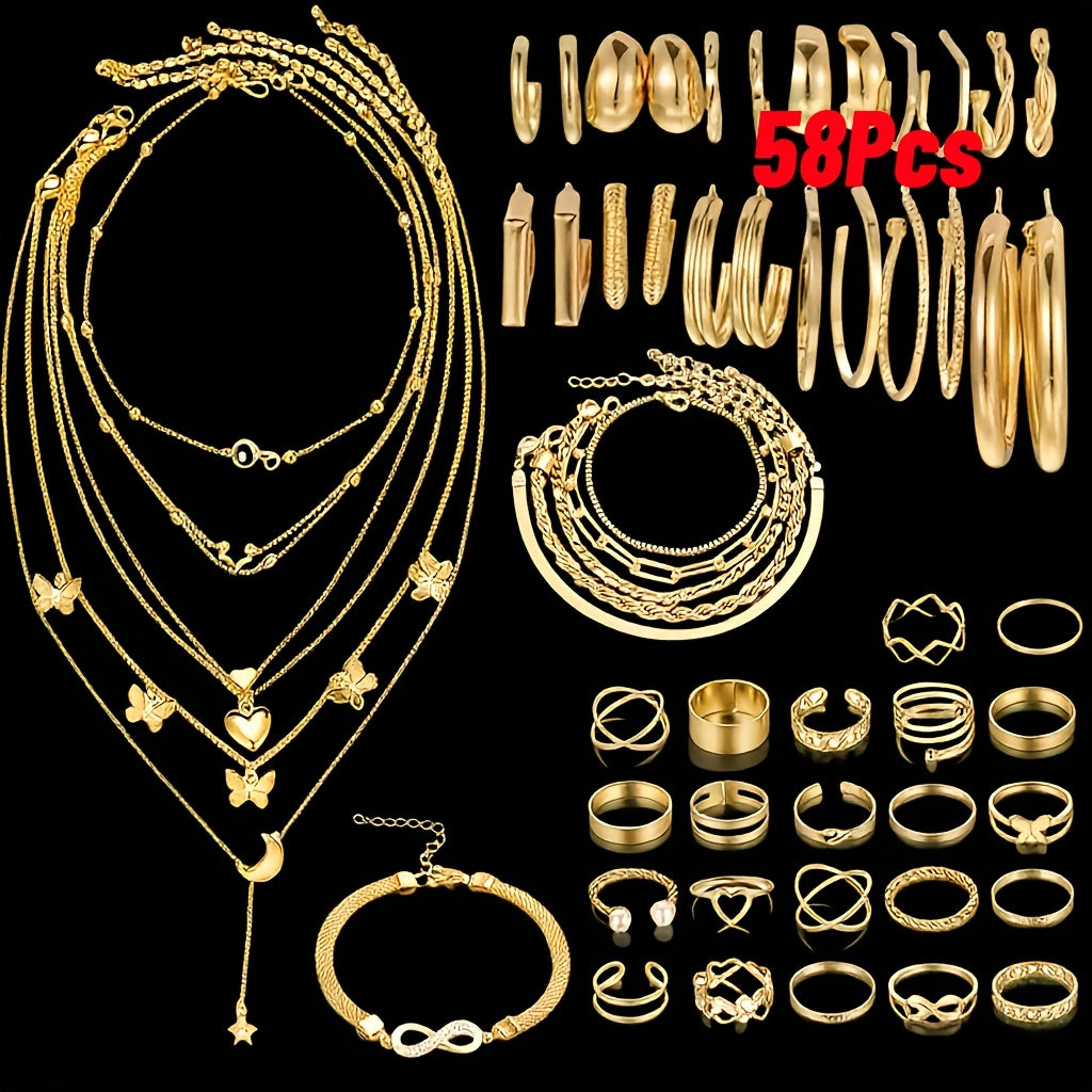 Jewelry Set Including 35/54/58/68pcs Featuring Easy Retro Designs Like Butterflies, Hearts, Faux Pearls, Twisted Knots, Stars, Moons, Wide Rings, Snake Chains, Braided Chains, And Geometric C-Shaped Earrings, Necklaces, Rings