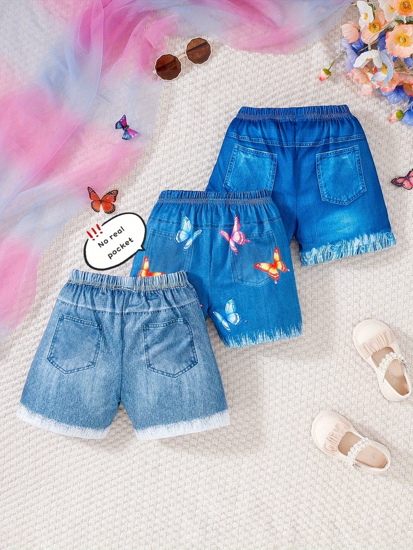 3pcs Girls’ Cartoon & Butterflies Print Shorts – Color Block Design, Regular Fit, Machine Washable