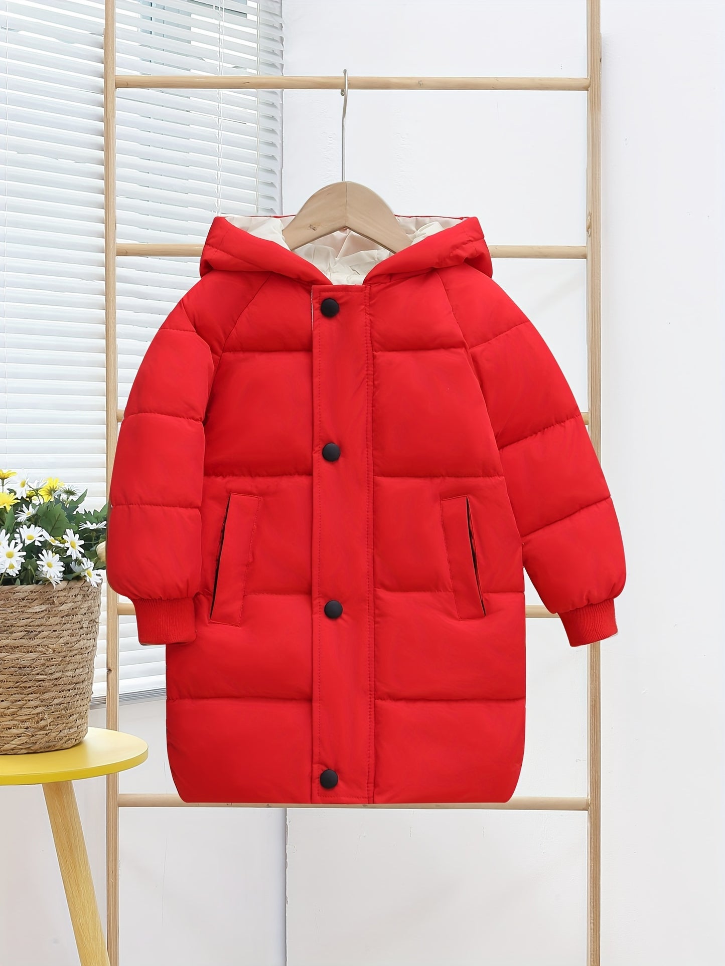 Kids Puffer Coat, Unisex Hooded Winter Jacket, Long Sleeve, Solid Color, Casual Style, Polyester Fleece Lining, Regular Fit, Zipper Closure, for Boys and Girls, Ski Jacket