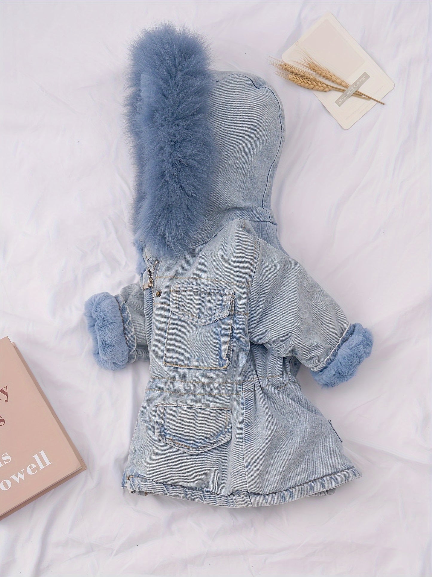 2024 Holly Oversized Denim Fur Hooded Winter Coat Jacket - Soft Faux Fur Lined, Water Resistant, Thicken Padded, Adjustable Hood, Zipper Closure, Stylish and Warm for Cold Weather