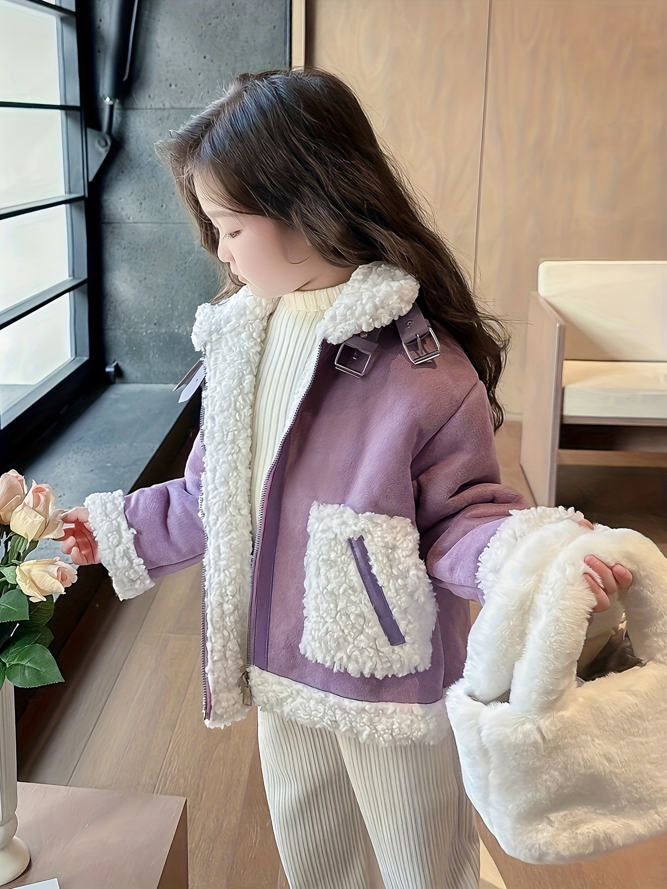 Chic Girls' Faux Fur-Lined Winter Coat - Warm, Machine Washable with Pockets for Fall/Winter