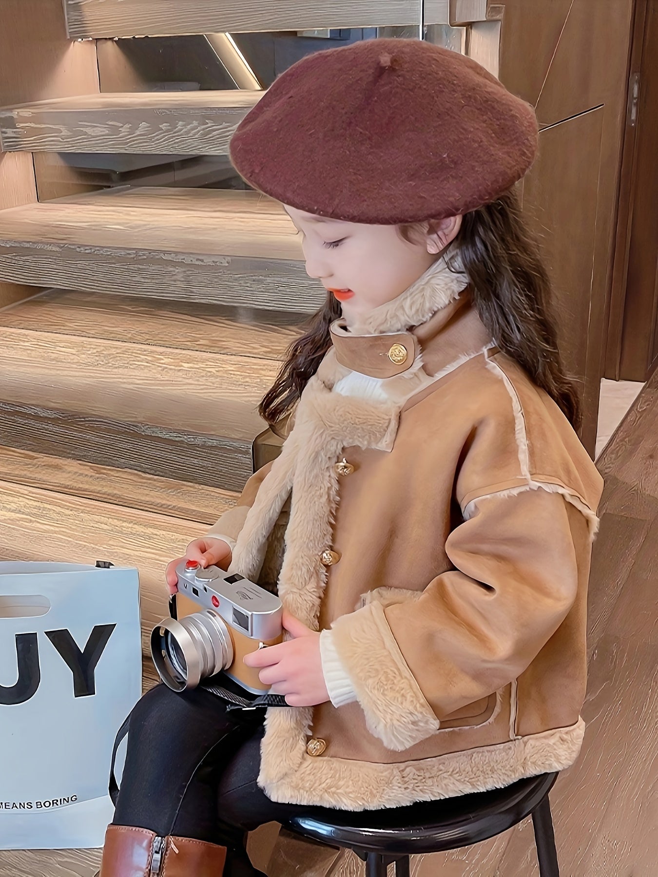 Snug Warmth, Chic Girls' Fleece-Lined Winter Coat - Cotton Blend, High Neck, Embroidered Details, Perfect for Fall/Winter