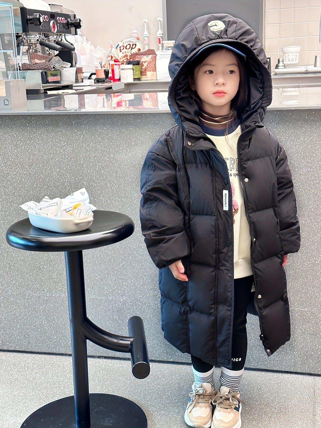 1pc Girls' Winter 2024 Casual Style Hooded Puffer Coat, Thickened Windproof Mid-Length, Solid Color Polyester Filling, Regular Fit, Non-Stretch Fabric