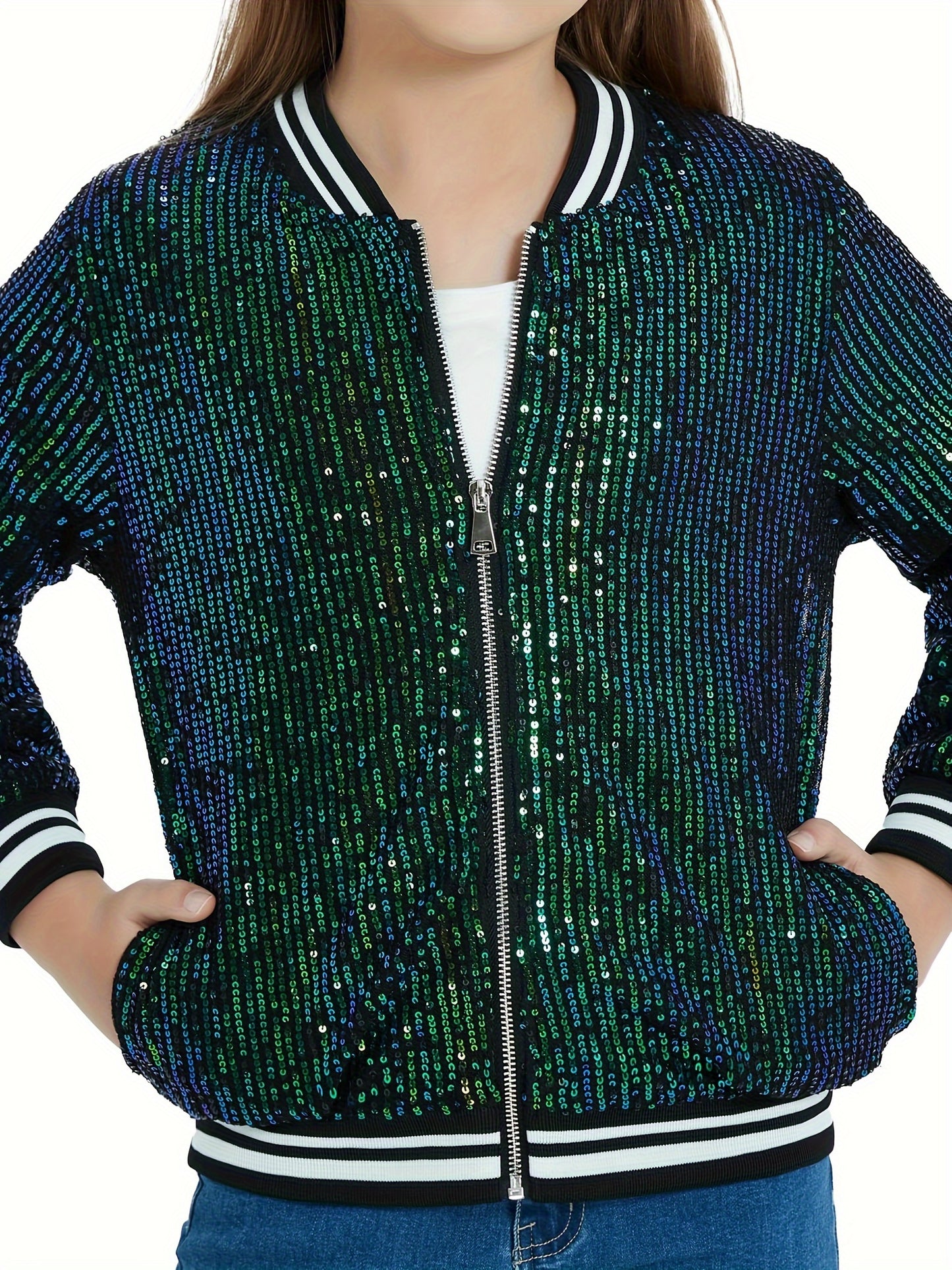 Sparkling Mebius Girls' Sequin Jacket - Long Sleeve Lightweight Zipper Bomber Jacket with Pockets for Kids 6-12 Years Old - Outerwear for School and Casual Wear