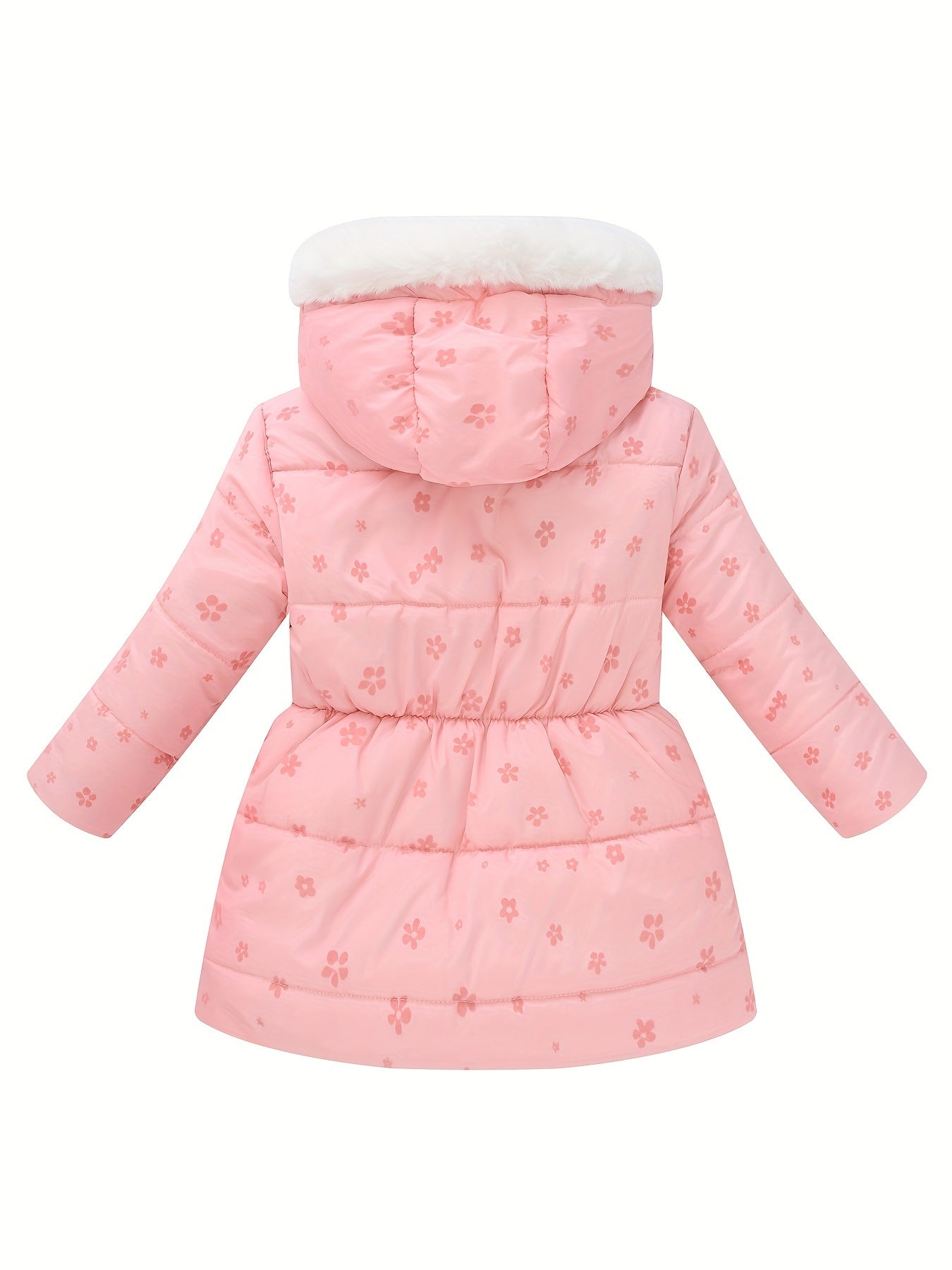2024 JOMAKE Girls' Cozy Fleece-Lined Hooded Jacket with Floral & Heart Print - Warm Winter Outerwear for Youngsters